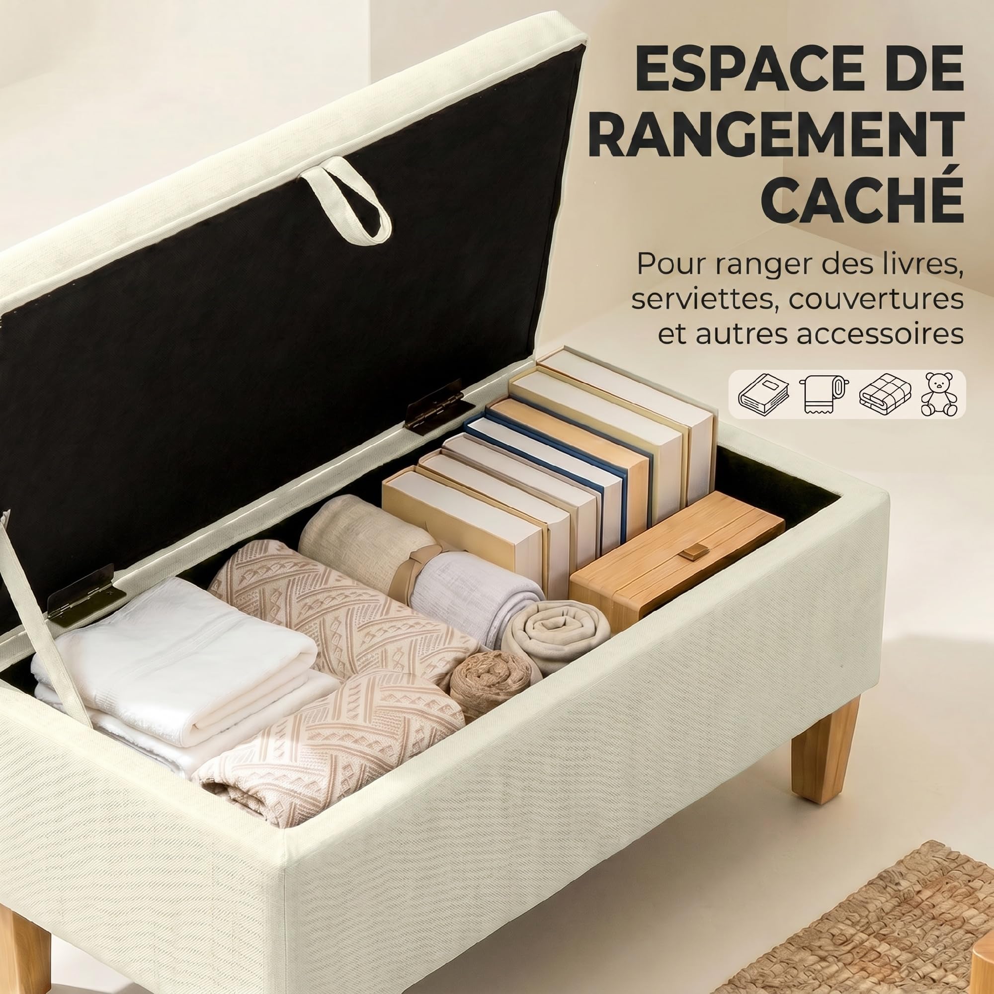 HOMCOM Banc de Rangement, Bout de Lit, 71 x 37 x 36 cm, Beige