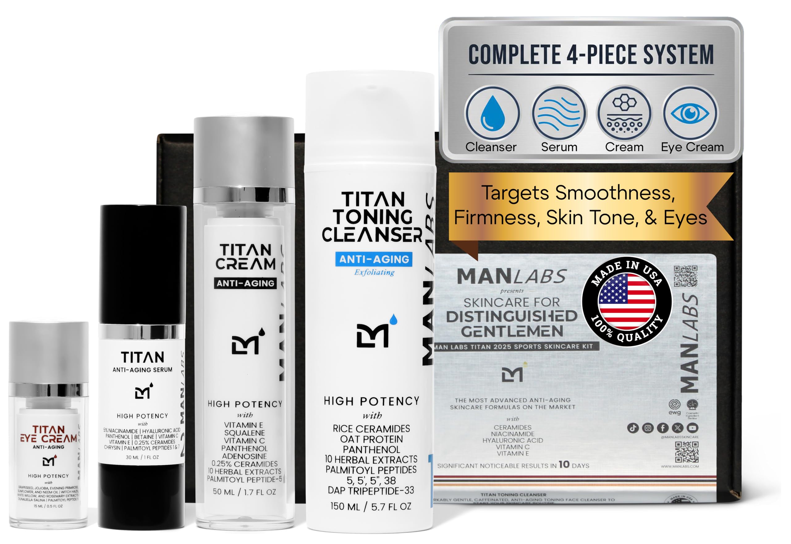 Titan Sports Anti-Aging Mens Skin Care Kit  Cleanser, Face Serum, Eye Cream, Face Moisturizer  Men, Skin Care Set  Dark Circles, Wrinkles, Fine Lines  Vitamin C, Niacinamide, HAUnscented