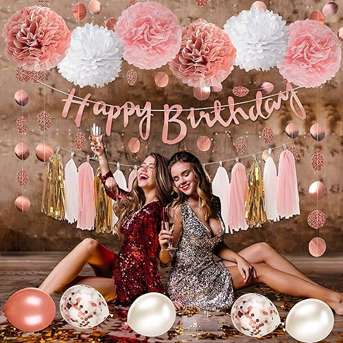 Miniatura 7 de Juego de decoraciones de fiesta de oro rosa y rosa: pancarta de feliz cumpleaños, decoración de pastel de bricolaje, guirnaldas de puntos circulares