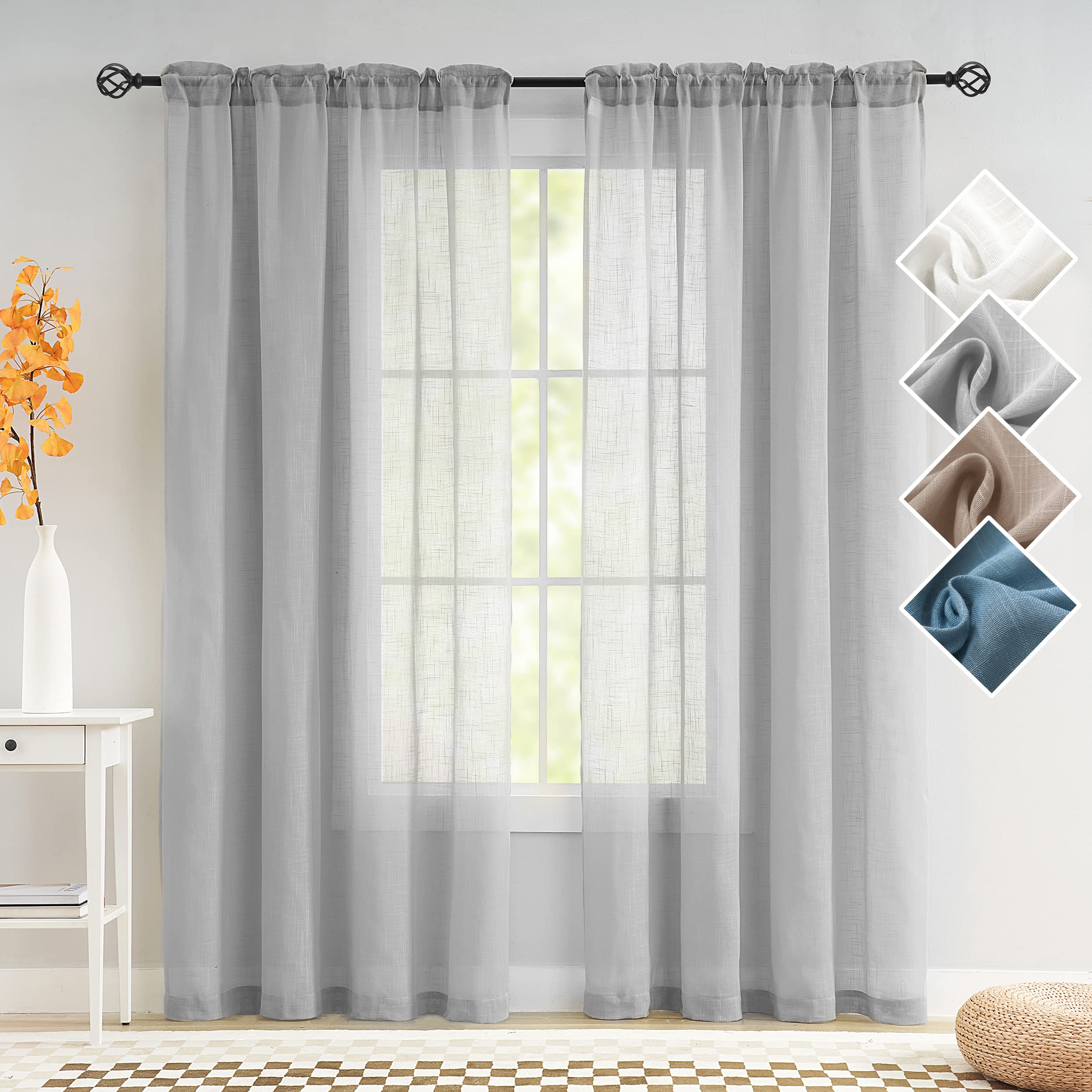 Linen Blended Sheer Curtains 84 Inches Long Semi Sheer Curtains with Rod Pocket Privacy Added Light Filtering Natural Linen Curtain Panels for Living Room/Bedroom (52" W x 84" L, 2 Panels, Dove)