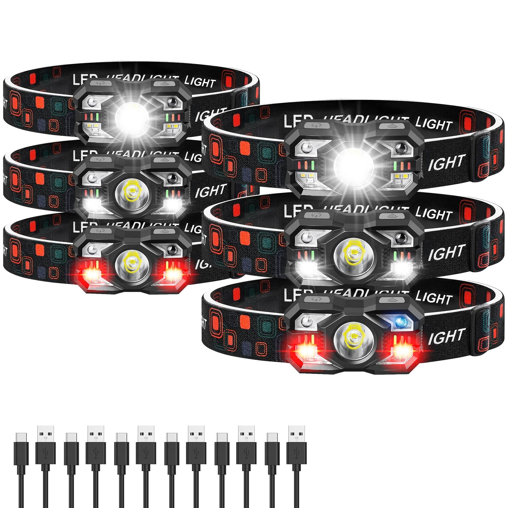 Northlet Headlamp Rechargeable 6Pack, 3000 Lumen Ultra-Light Bright Headlamp Flashlight with White Red Light, LED Headlight Motion Sensor, 5+5 Mode for Outdoor Camping Fishing Running Hiking (6)
