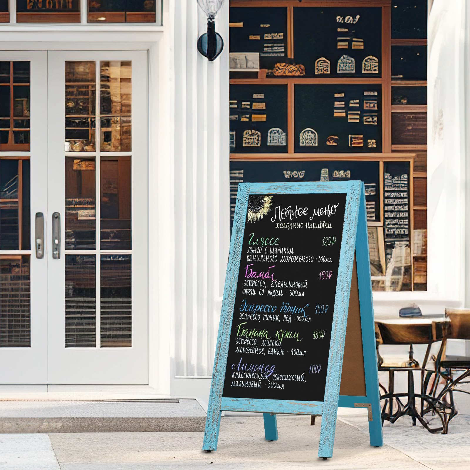4 THOUGHT A-Frame - Pizarra magnética para acera, 40 x 20 pulgadas, tablero sándwich de madera rústica de doble cara independiente para exteriores, caballete publicitario para restaurante, cafetería,