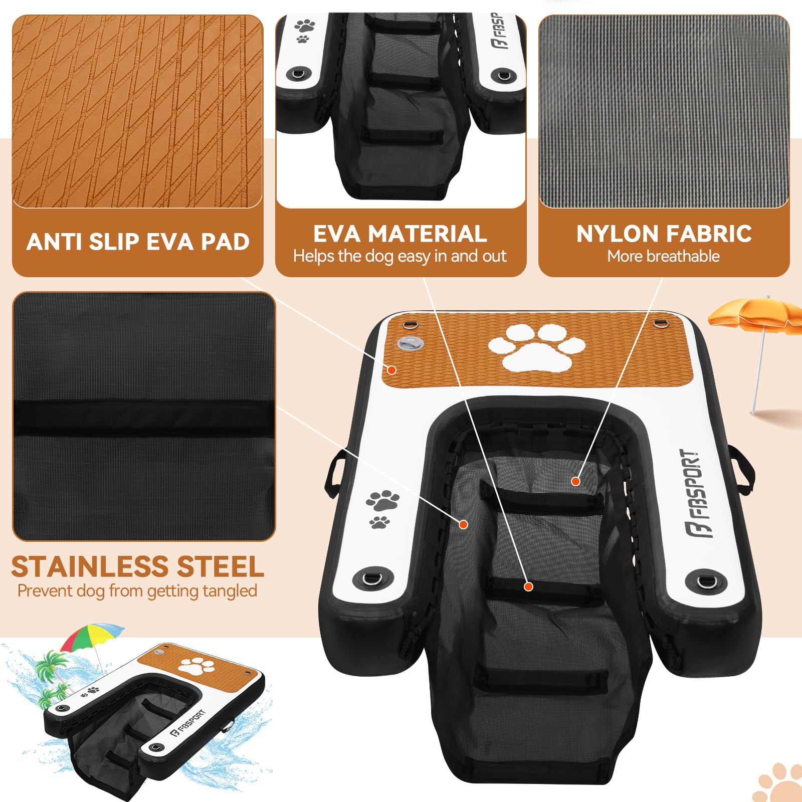 FBSPORT Rampa de Agua Hinchable para Perros, Escalera Flotante para Muelles Piscinas, Barcos, Lagos, Antideslizante de EVA para Perros de hasta 100 kg