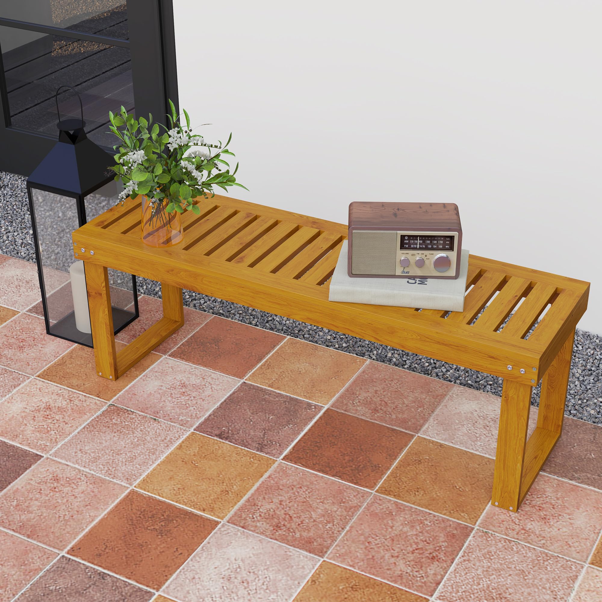 Outsunny Panca da giardino a 2 posti Panca in legno a doghe 300 kg Panca da giardino Terrazza 120x34x43 cm Teak