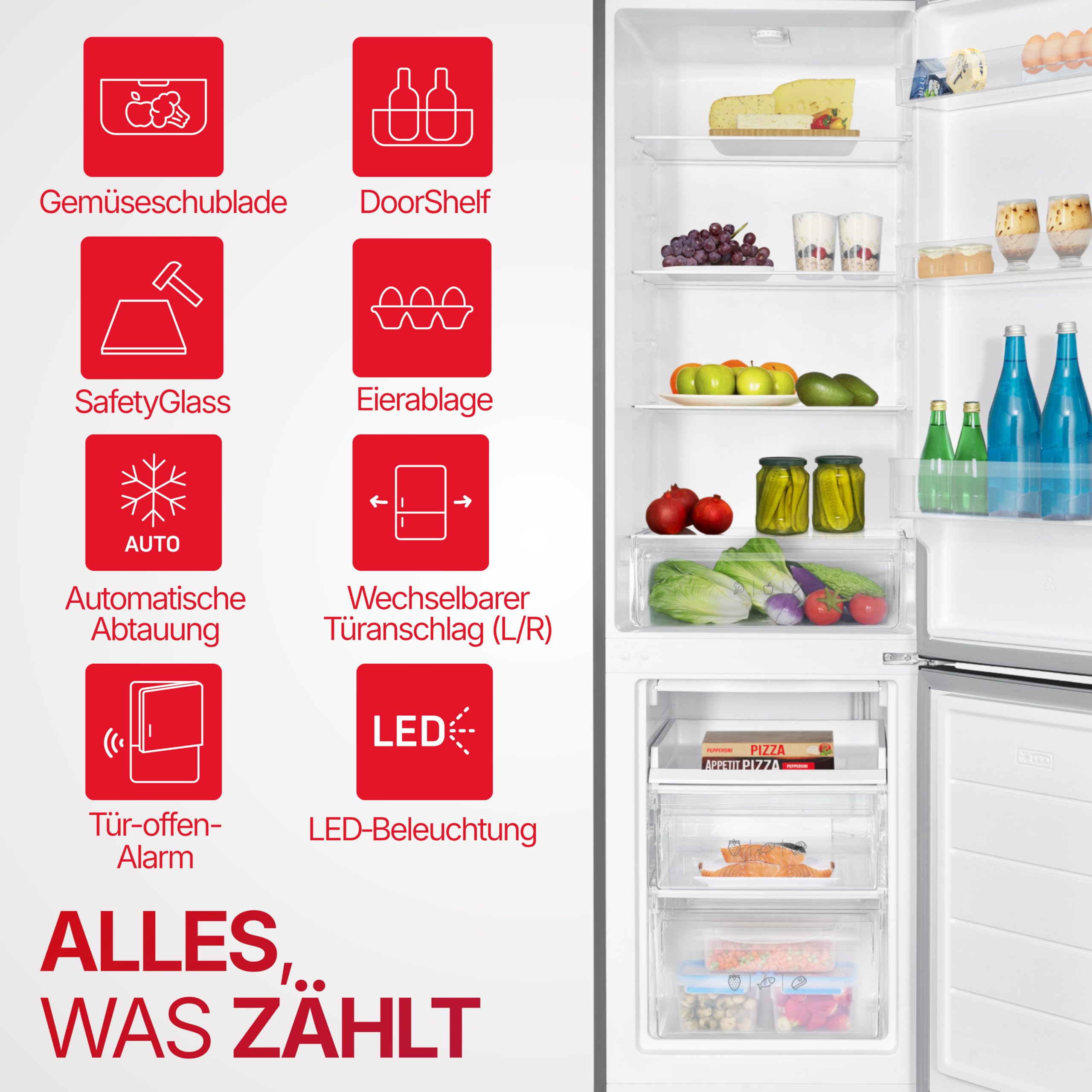 Amica Kühl‑Gefrier‑Kombination freistehend 180 x 55 x 56 cm 262 l 4-Sterne-Fach Gefrierfach unten Tür-Offen-Alarm LED‑Innenbeleuchtung AKG 3880 E – Kühl Gefrierkombination Edelstahloptik