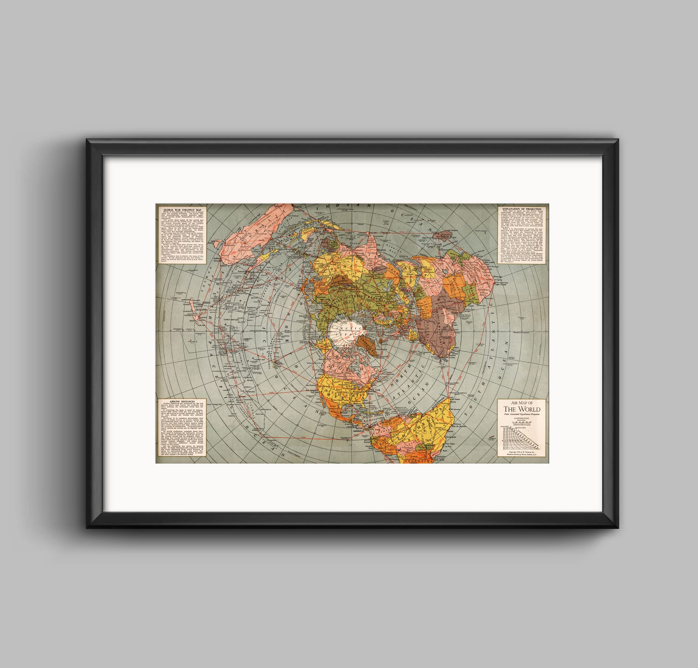 1943 Flat Earth Map Of The World - Polar Azimuthal Equidistant Projection Map - Unframed Wall Art Poster Print - Flat Earth Gifts (11"x16")