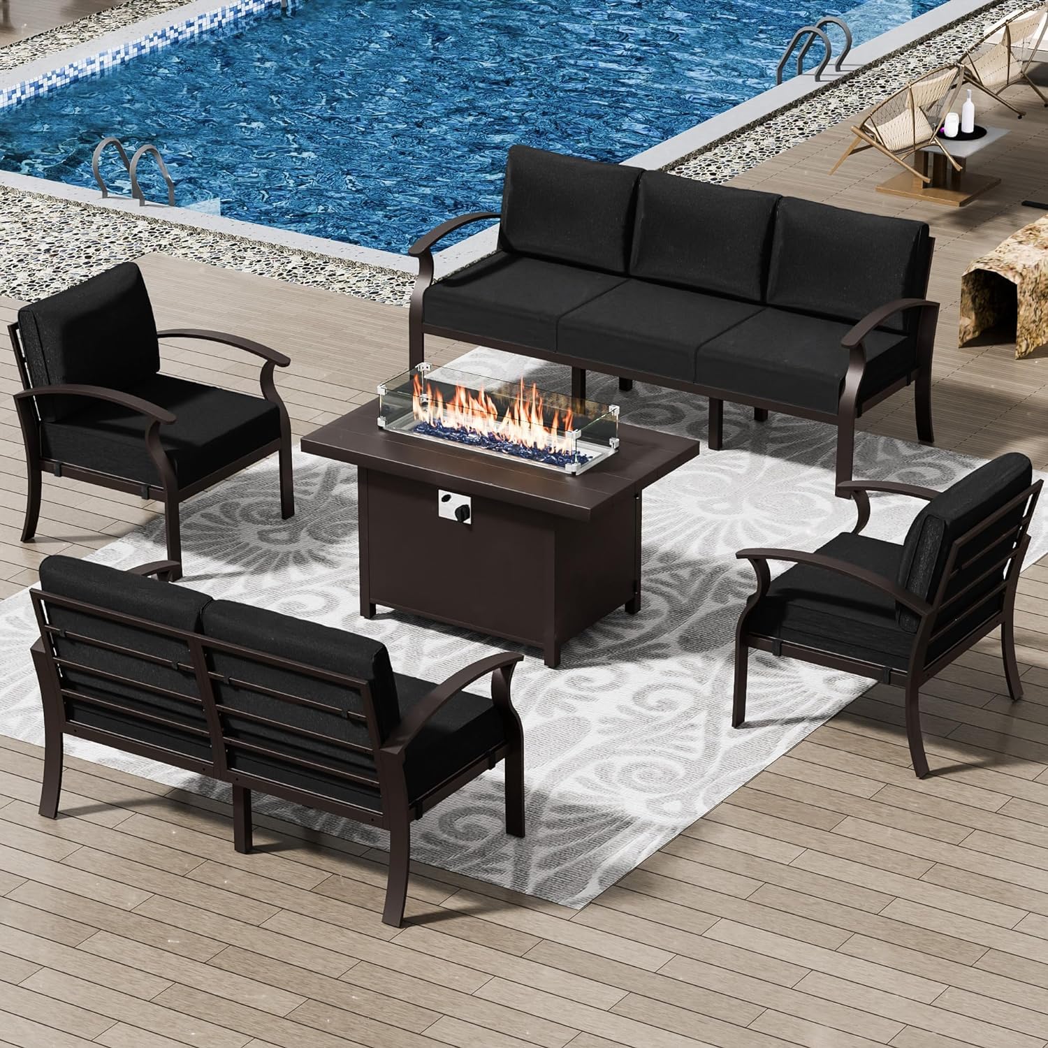 ASJMR Patio Furniture Set 5-Piece Aluminum Armrest Sofa, Modern Outdoor Living Room Set with 55000 BTU Propane Aluminum Fireplace, Outdoor Rotary