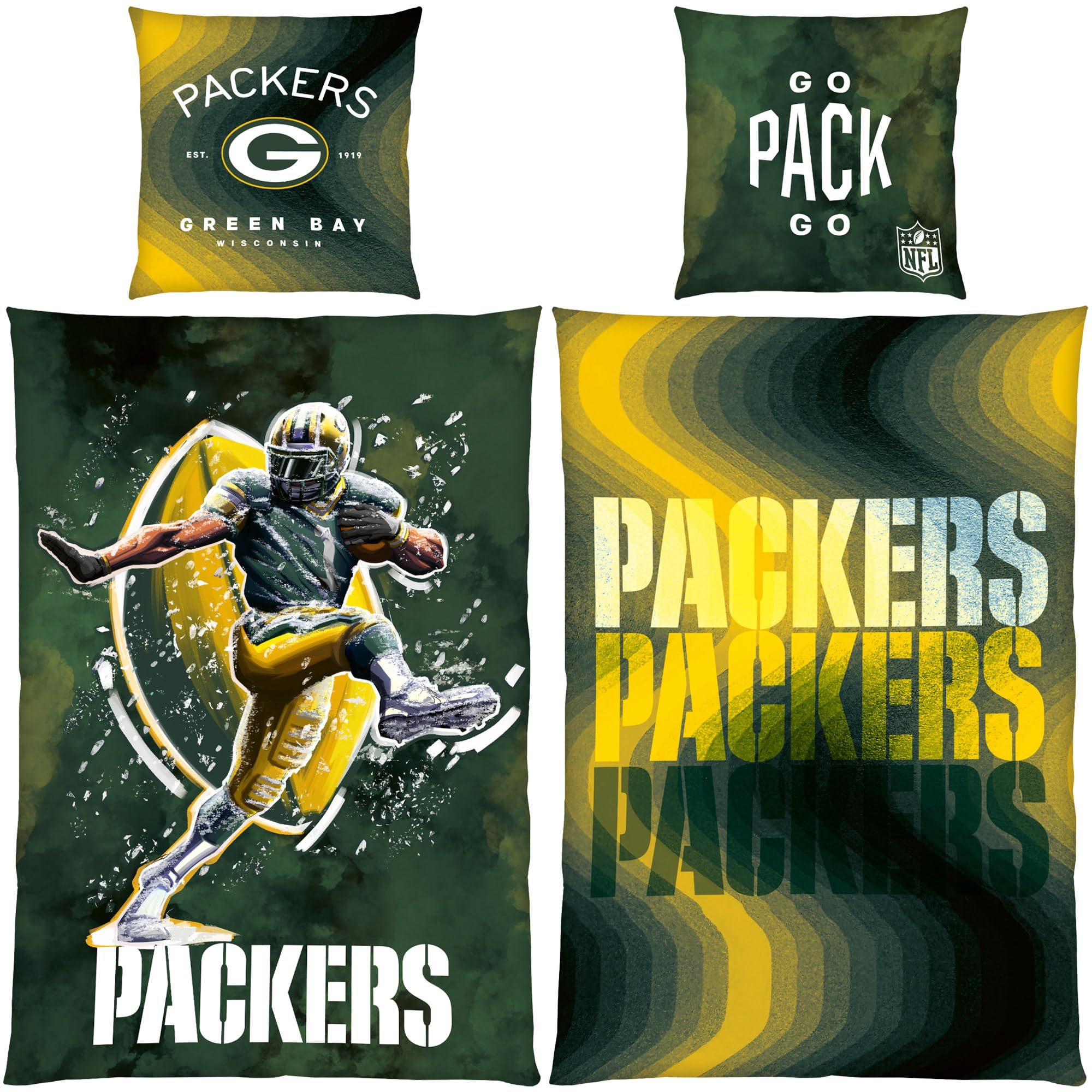 NFL Green Bay Packers pościel GO Pack GO 135 x 200 cm + 80 x 80 cm bawełna Renforcé Linon American Football dwustronny motyw Cheeseheads artykuł dla fanów