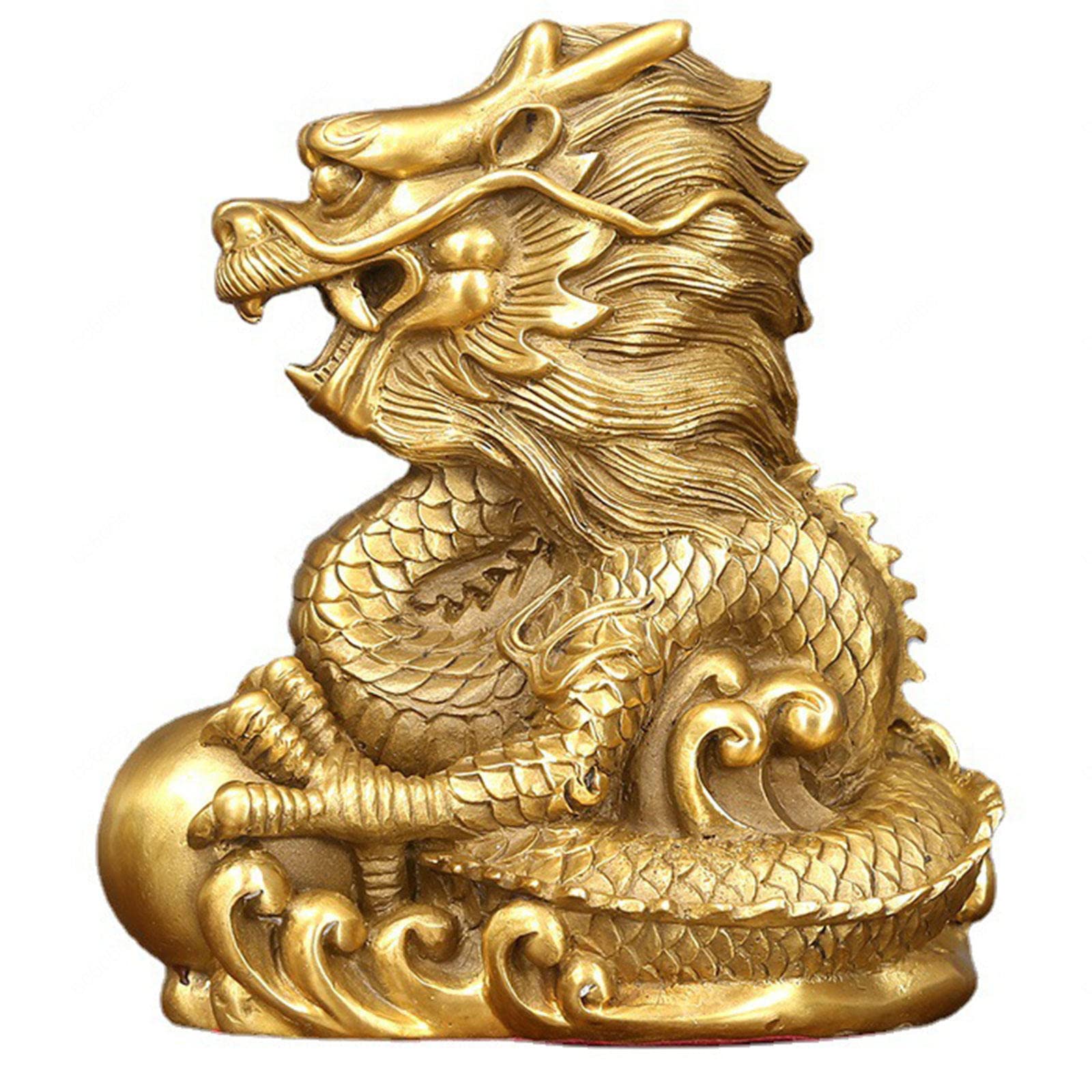 Estatuas, Estatua de dragón latón Hecha a Mano del Zodiaco Chino Fengshui, Dorada, for Mesa, Escritorio, estantería o pecera, pequeña(S)