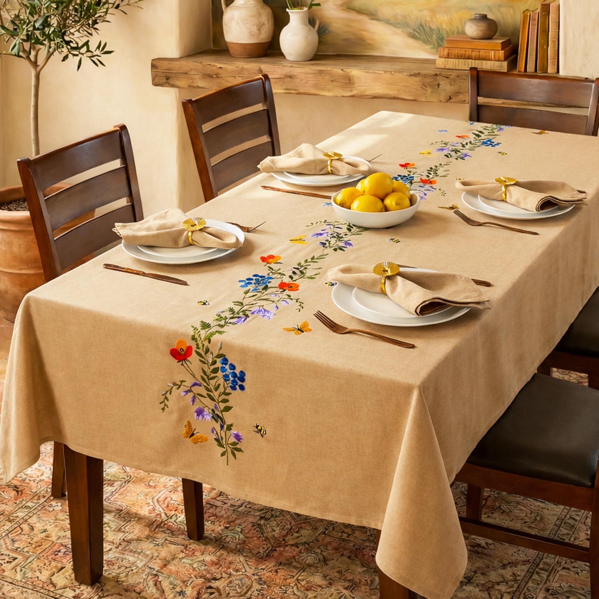 Embroidered Cotton Tablecloth 60 x 108 Inch Square – Washable 6-8 Seater Table Cover for Dining Room, Home, Party & Wedding Décor - Summer Bloom-image-12