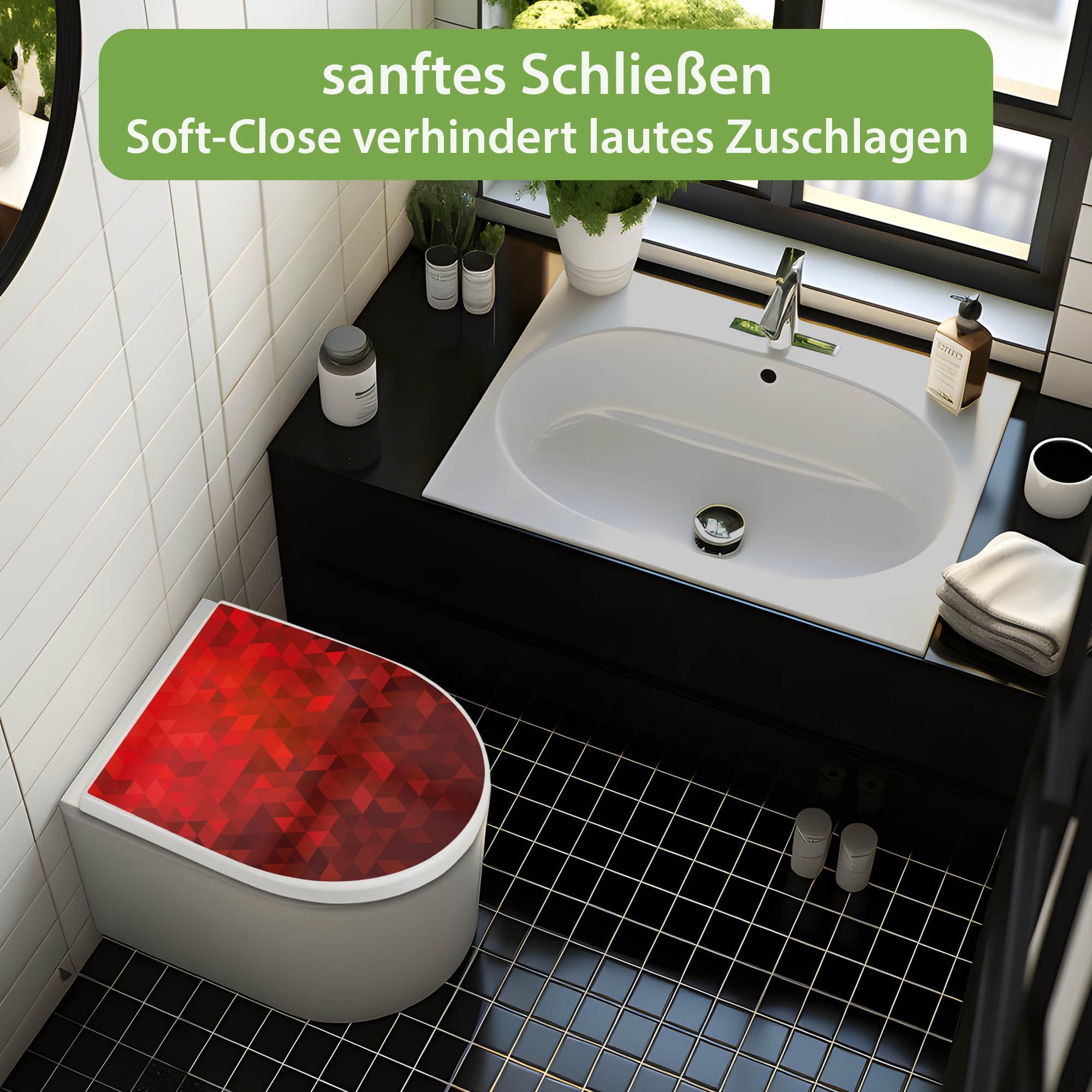 banjado WC Sitz mit Absenkautomatik D Form - Toilettendeckel mit Absenkautomatik D Form - Klodeckel Softclose - stabile Klobrille - Toilettensitz Weiß - Motiv Dreiecke Rot