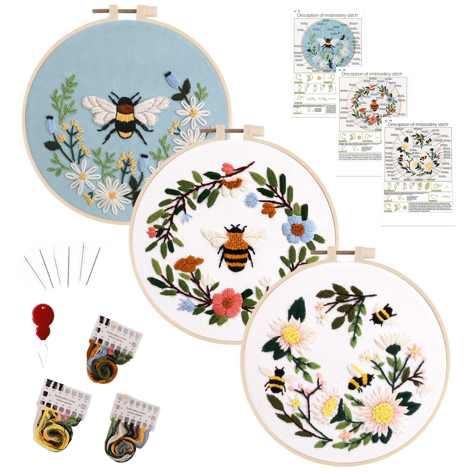 Anidaroel Embroidery Starter Kit for Beginners with 3 Bee Picking Nectar Patterns, 3 Embroidery Hoops, Threads and Needles