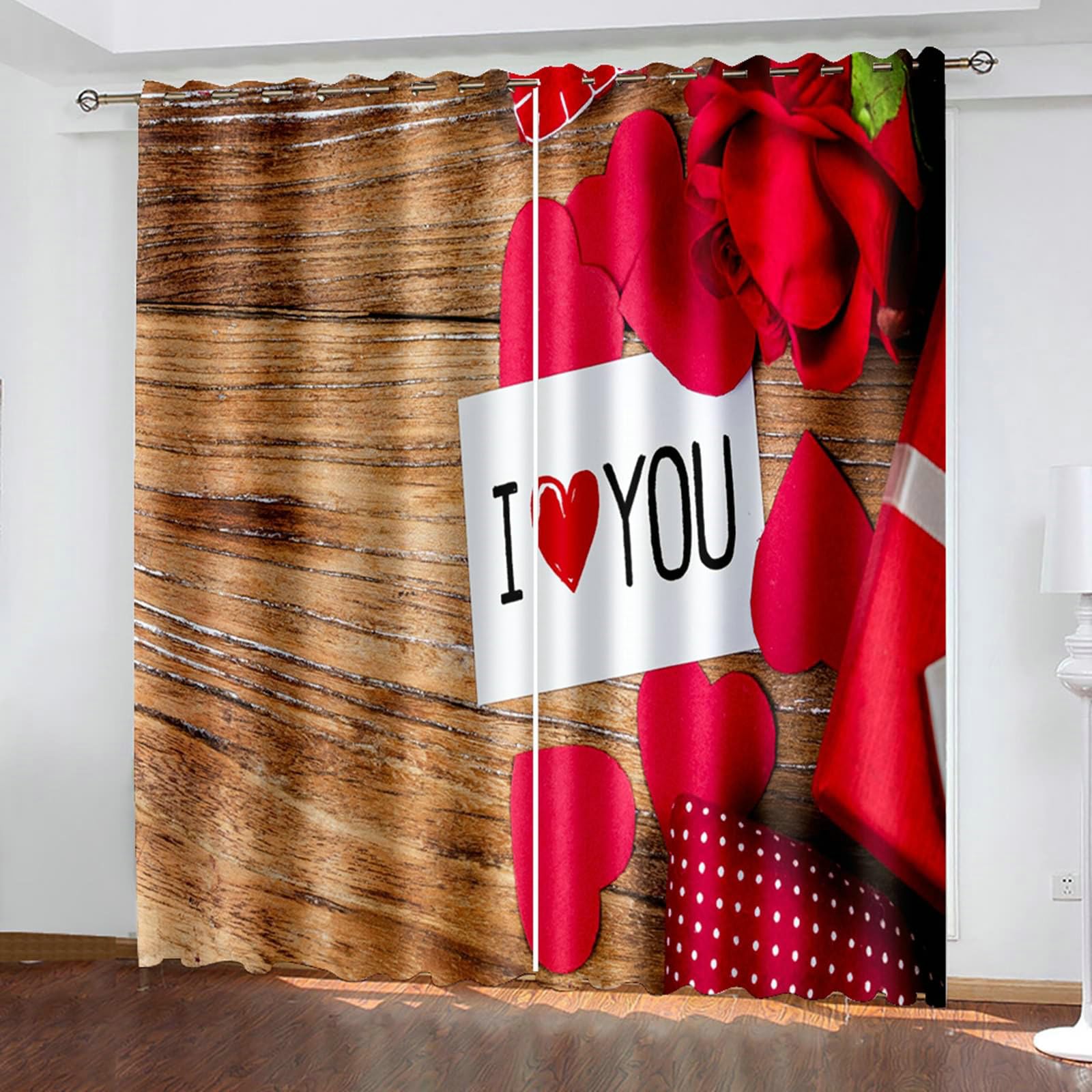 Verdunklungsvorhänge Schlafzimmer, Gardinen Blickdicht Holzbrett mit Herz und Rosenmuster 2er Set H 160 x B 102 cm Abdunkelnde Vorhänge Ösen