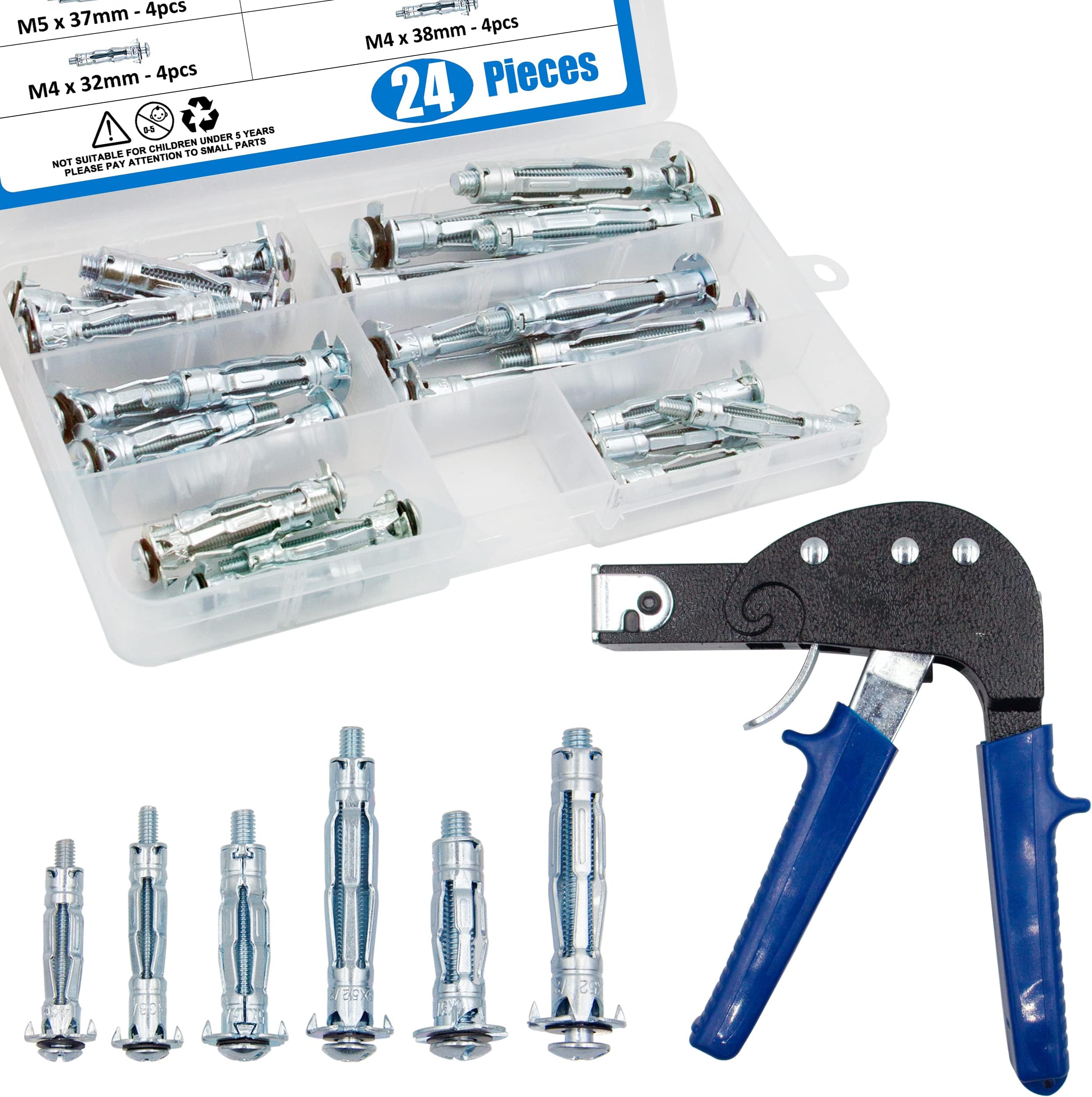 – Heavy Duty Gun Wall Anchor Metal Setting Tool with 24pcs Hollow Wall Anchor Screws Assortment Kit for Cavity Anchor Plasterboard Fixing
