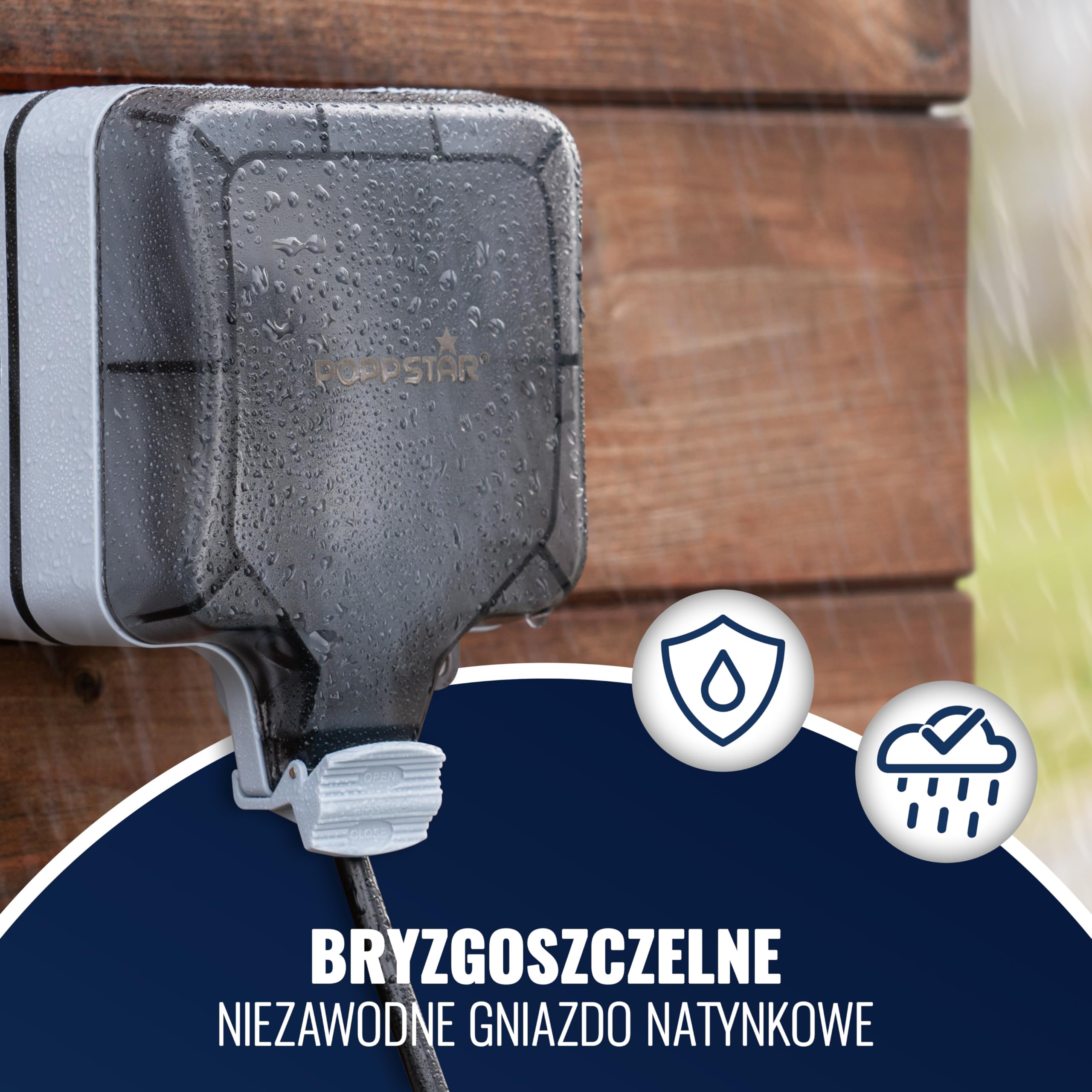 Poppstar wodoodporne gniazdko elektryczne, zewnętrzne, IP66 (gniazdko pojedyncze natynkowe z pokrywą na zawiasach), jasnoszare