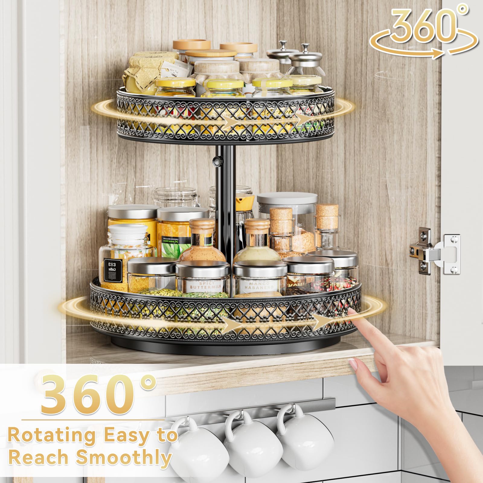 Especiero Lazy Susan 2 niveles 360°, organizador giratorio de metal 30 cm | Bandeja giratoria floral para especias y objetos pequeños. Ideal para cocina, despensa, nevera, baño y mesa.