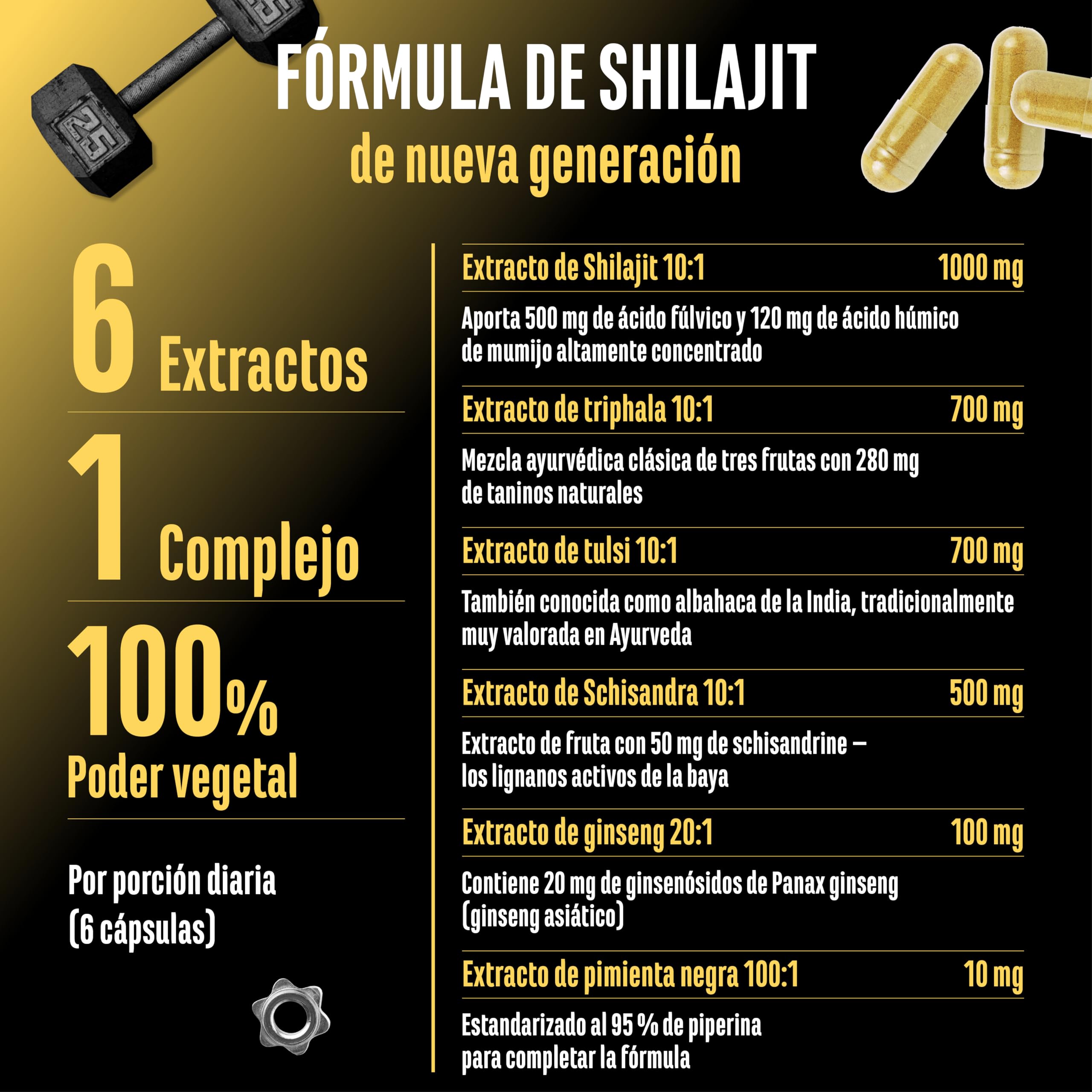 Shilajit Complex - 180 cápsulas - Alta dosis con 3010 mg por dosis diaria - Con ginseng, schisandra, triphala, extracto de tulsi, 50% de ácido fúlvico y 12% de ácido húmico - Vegano