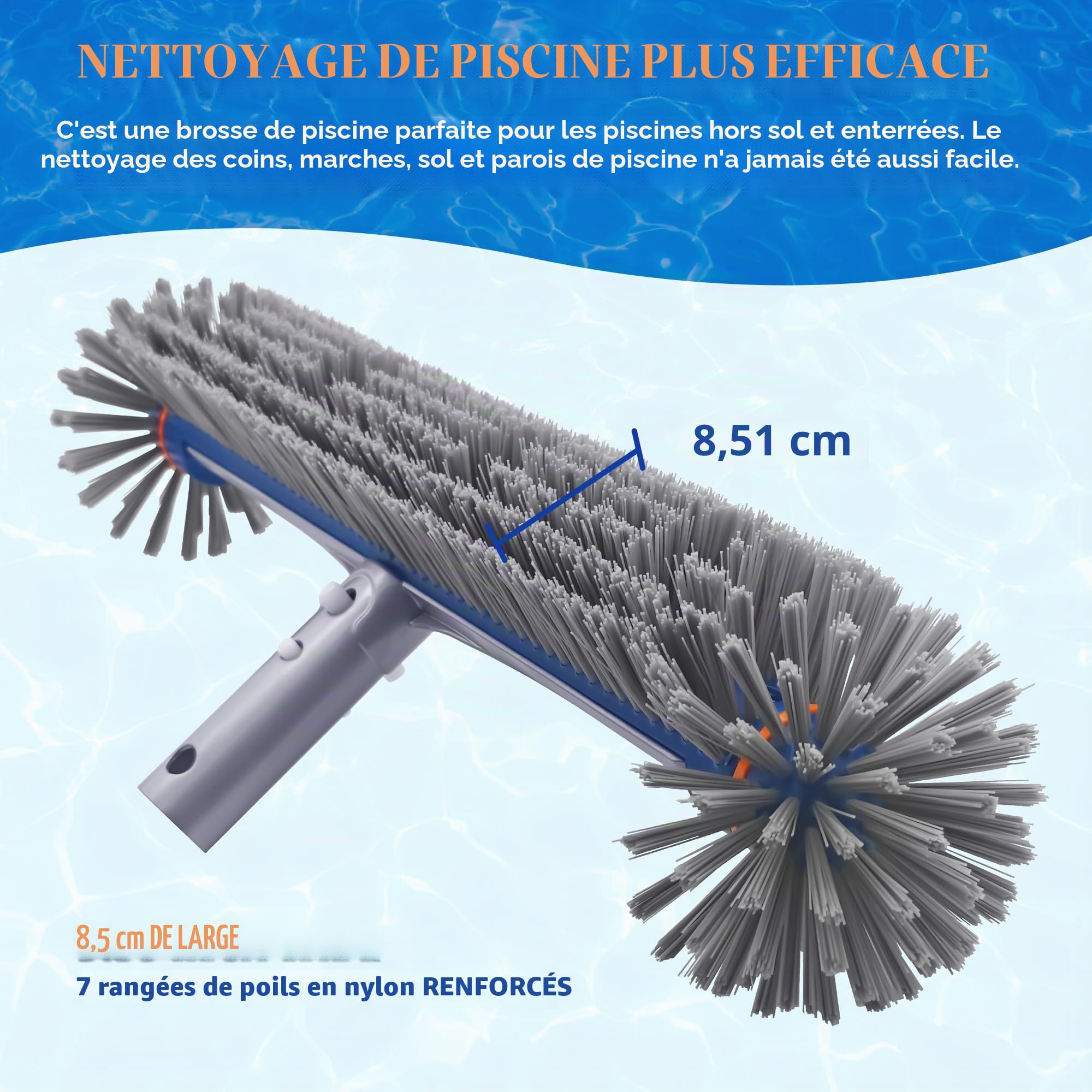 PooLiFE 44,5 cm Brosse de piscine avec lourde partie arrière en aluminium et manche de 45 cm. Brosse de piscine non télescopique