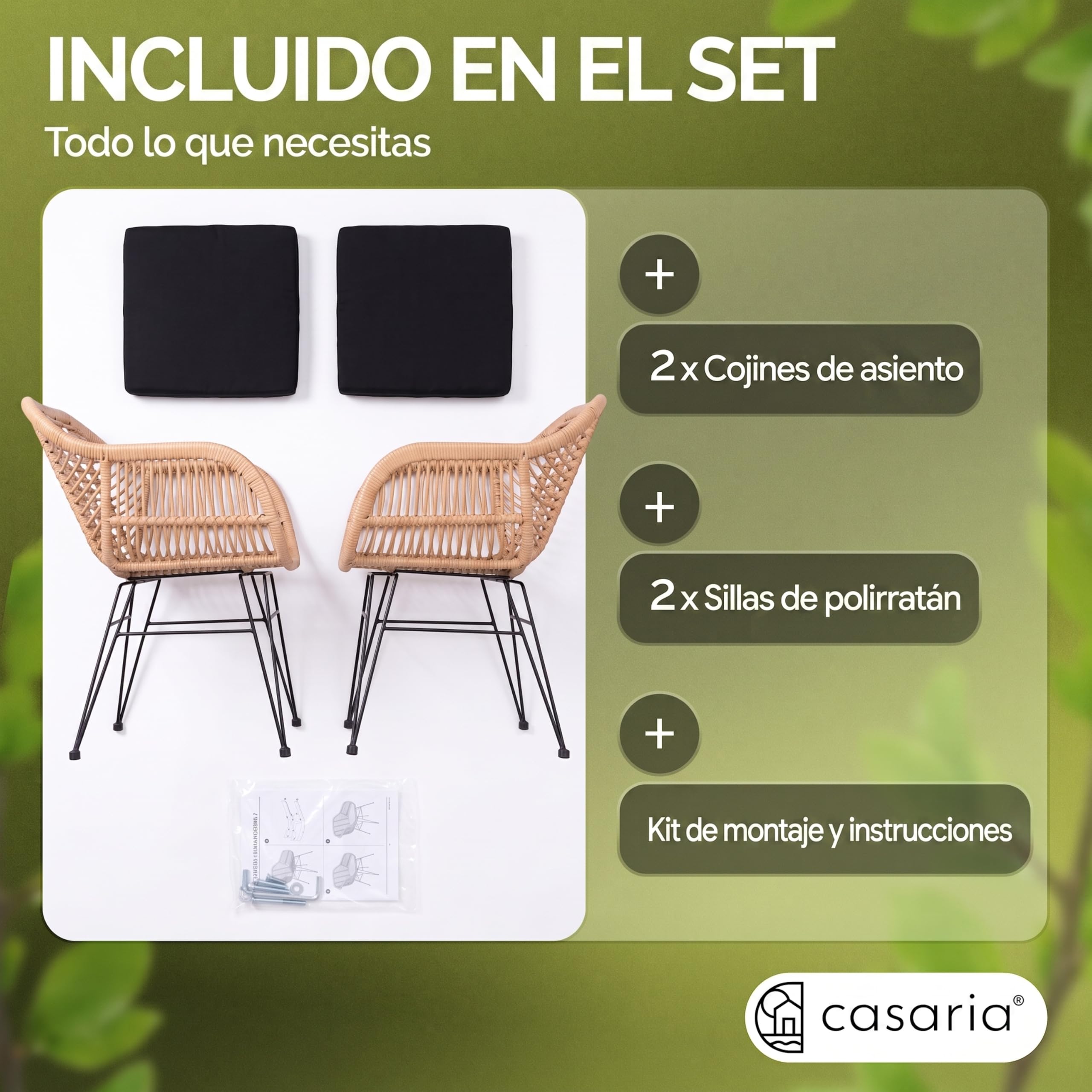 CASARIA Sillas de Jardín Set de 2 Poliratán con Cojines