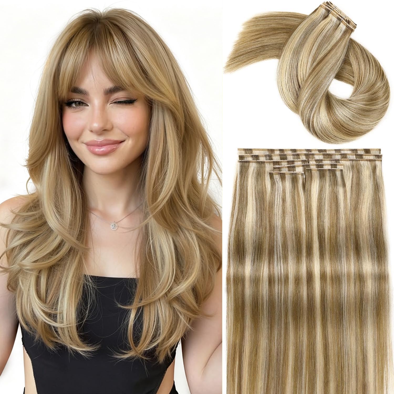 FAVE Extension in capelli veri, 45 cm, 8 pezzi, 100 g, invisibili e delicati sulla pelle: tessuto a farfalla con micro perle e doppie pastiglie – biondo misto