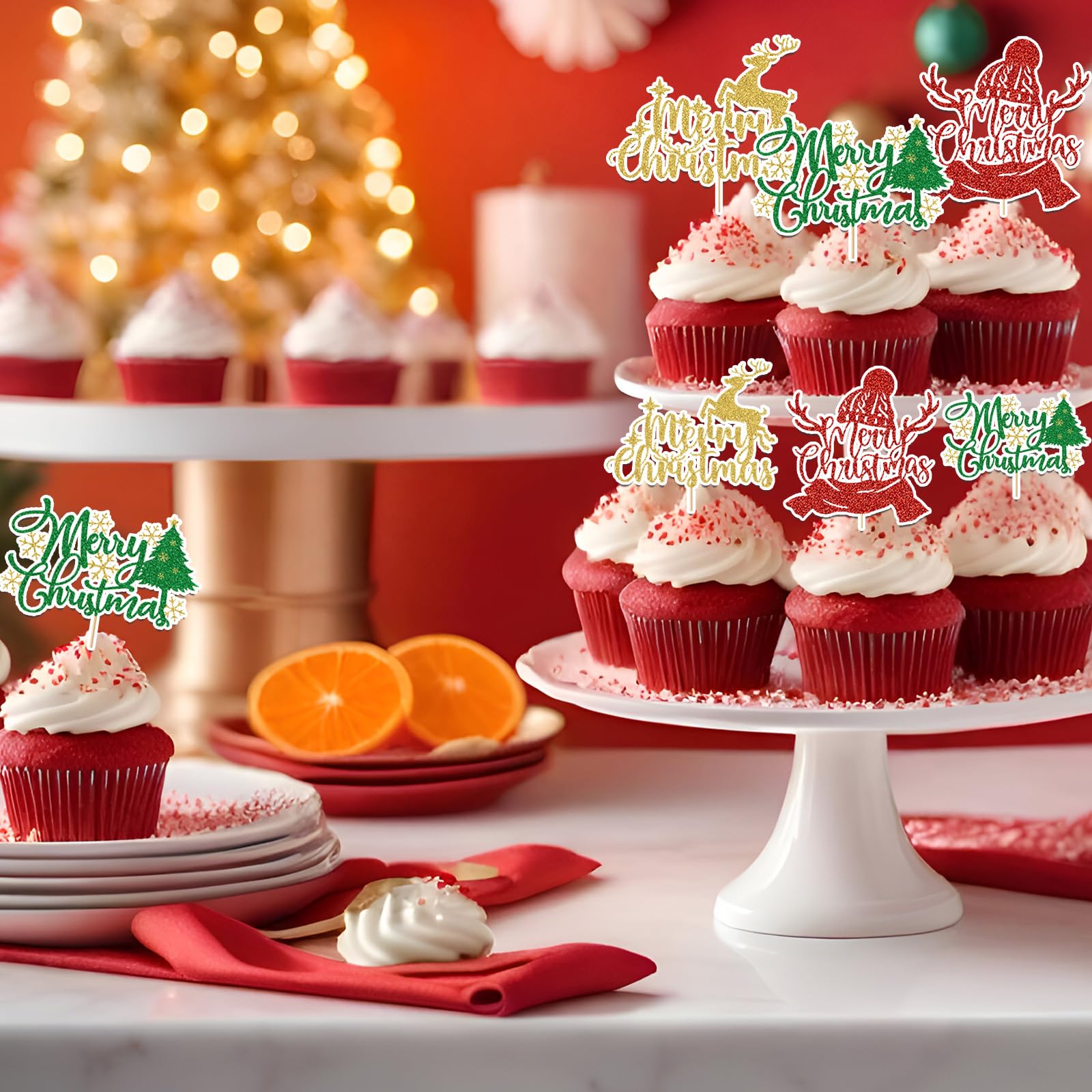 KASESSS Merry Christmas Cake Topper Set, Christmas Cake Toppers with Tree, Deer, Hat Designs - Image 4