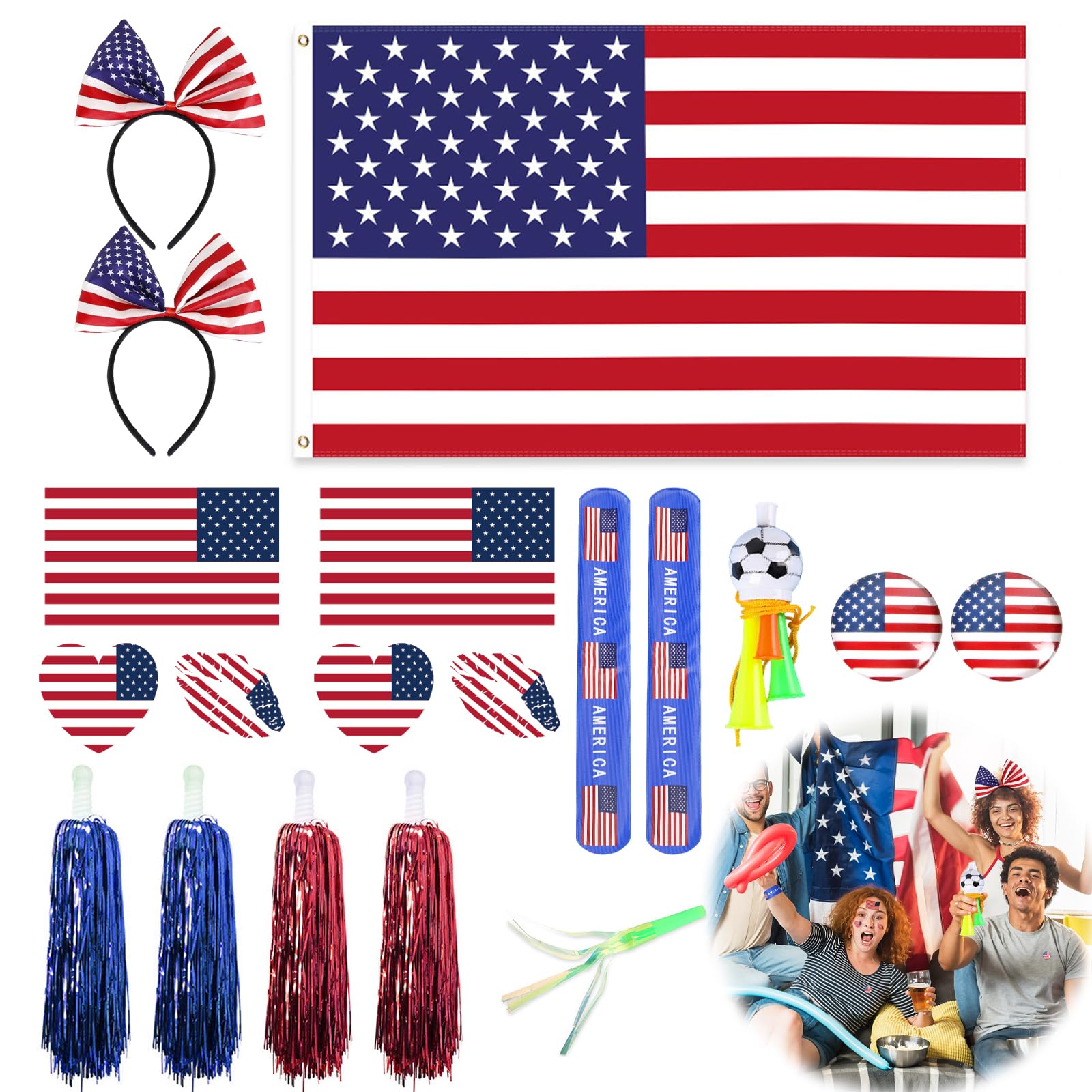 Bekecidi Set di 15 pezzi di accessori per fan della Coppa del mondo di calcio 2026 USA, braccialetti a schiaffo, tatuaggi, fischietti, bandiere, pompon, fasce per capelli, spille per feste di calcio