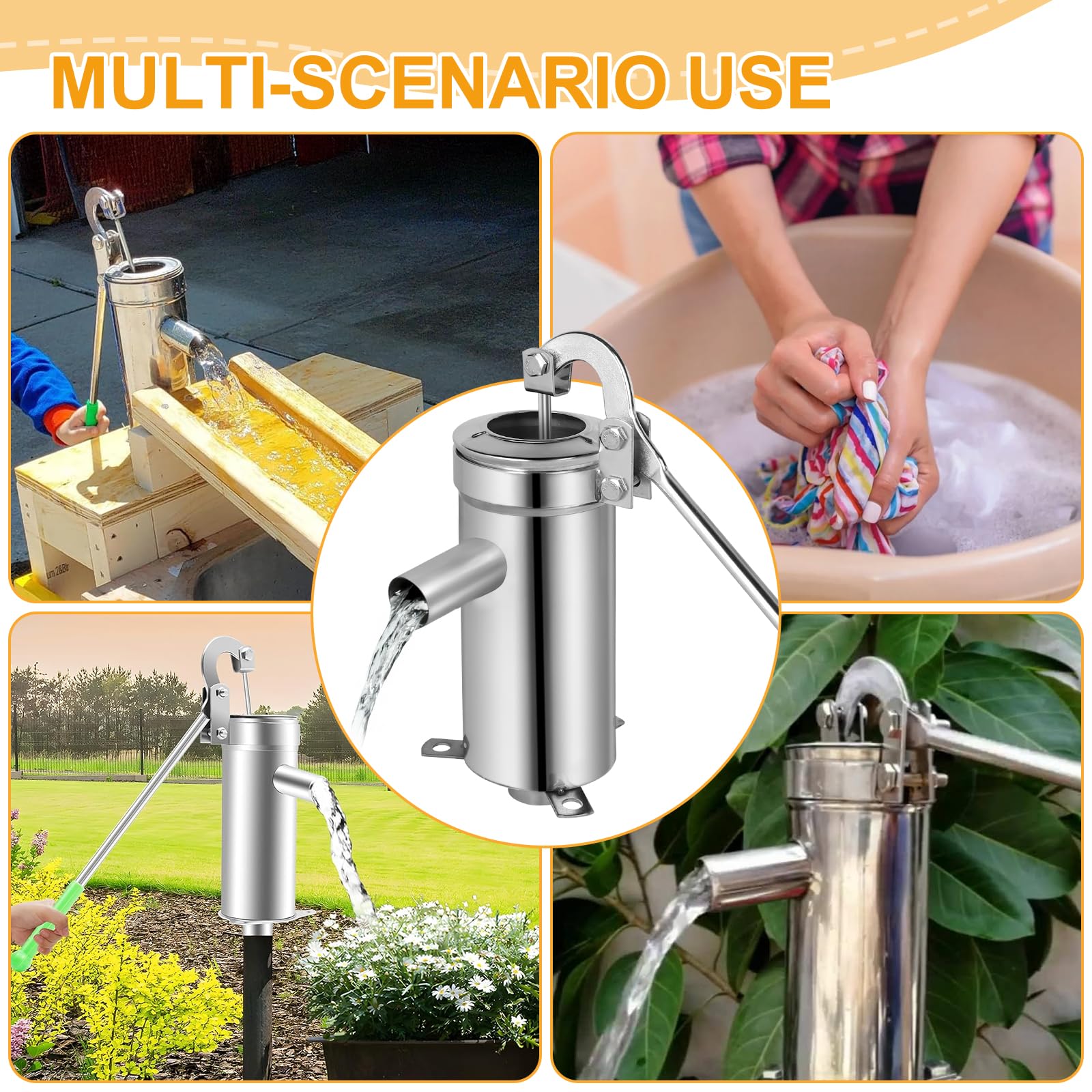 DBREAKS Pompe à eau manuelle en acier inoxydable, pompe à eau manuelle pour jardin jusqu'à 10 m de profondeur, pour maisons, jardins, cours, étangs