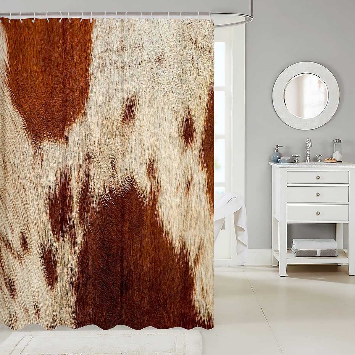 Homewish Kuhfell Badevorhang Braun Kuh Druck Duschvorhang für Jungen Mädchen Mann Frauen Stier Rinderhaut Badewanne Duschvorhang Tierwelt Fell Haare Bauernhaus Tierhaut Badezimmer Sets,180 W x 200 L