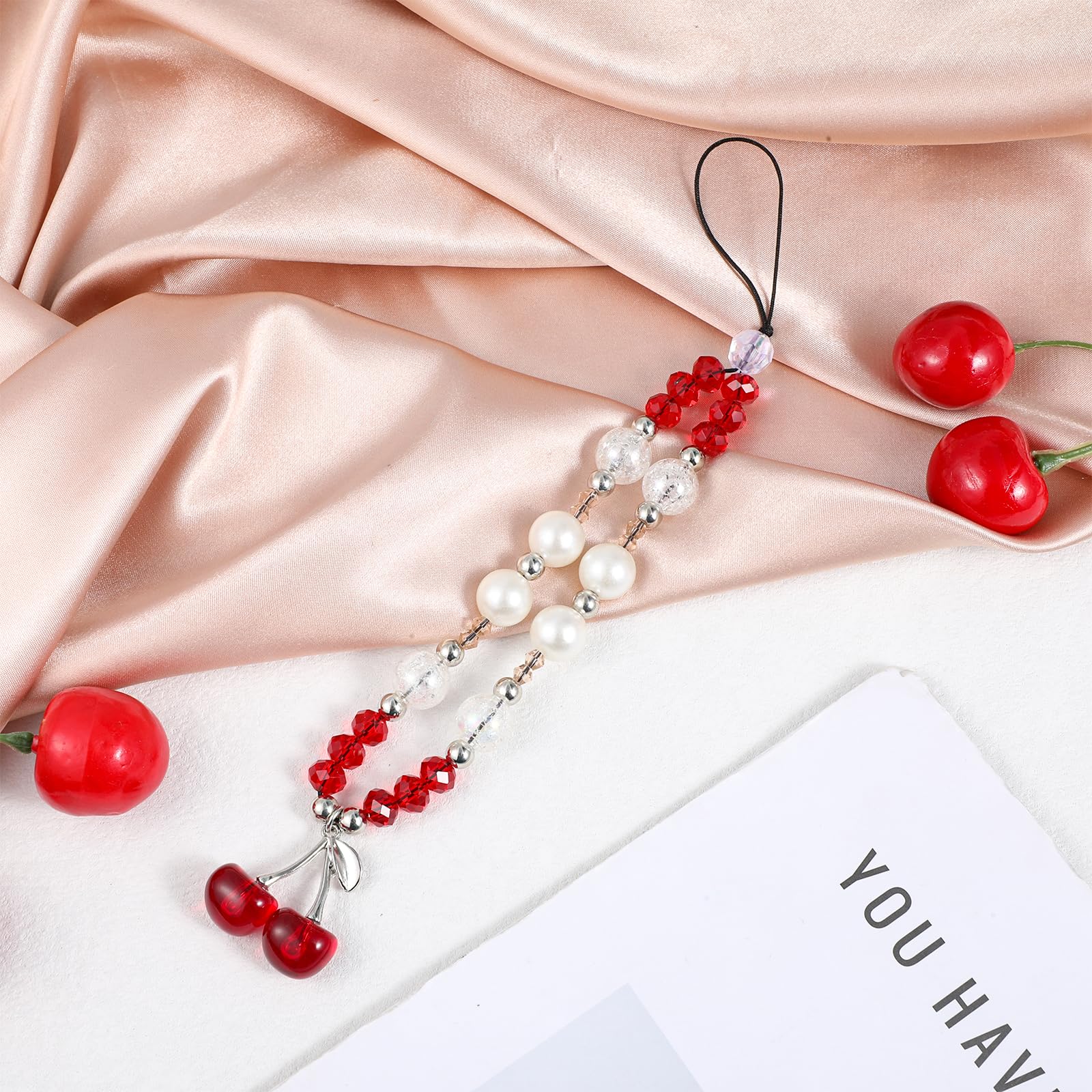 Cherry Phone Charm, Cute Beaded Phone Charm, Y2K Red CellPhone Lanyard Wrist Strap Kawaii Camera Pendants Keychain Accessories for Decor Gift — view 5