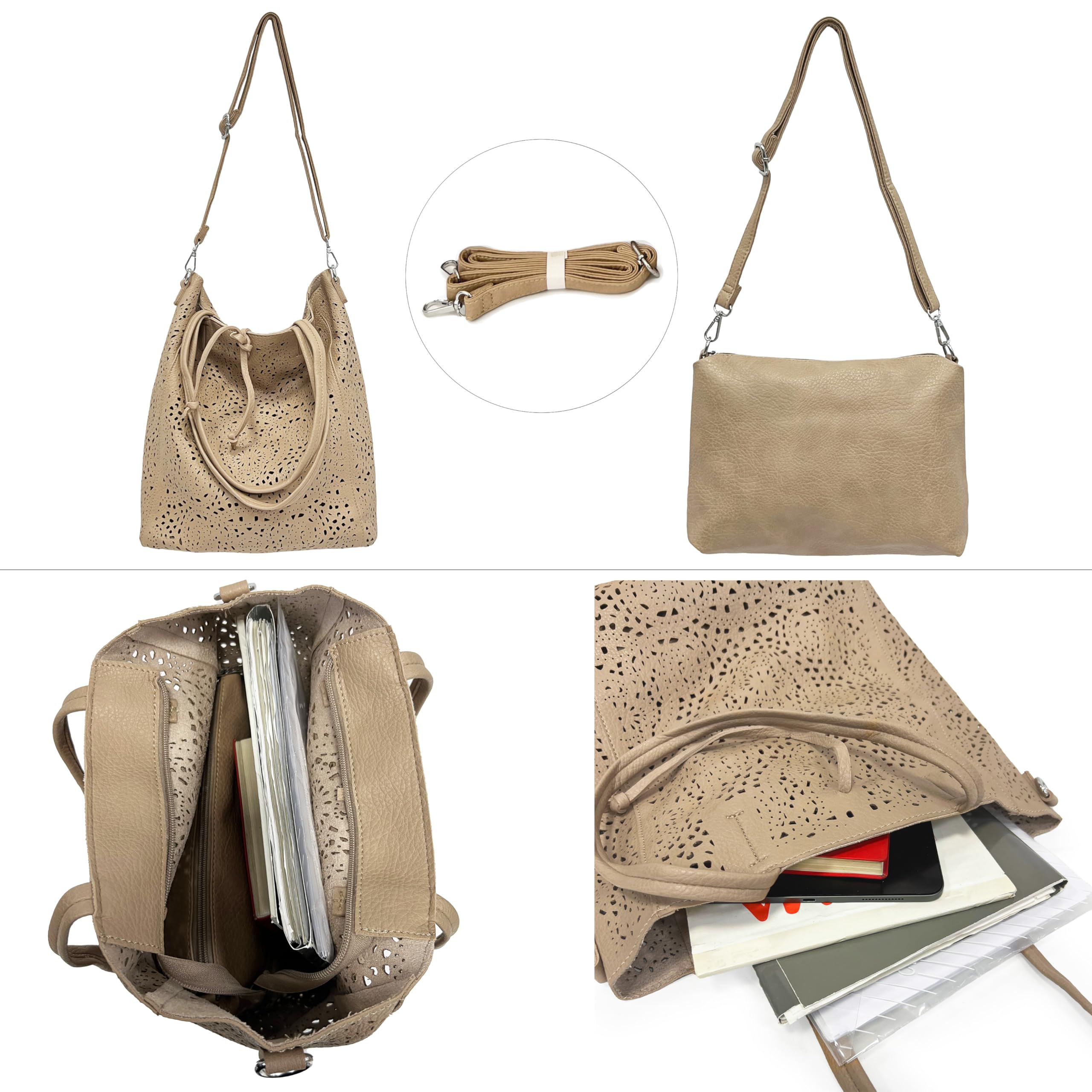 ANGELO Borsa a Spalla da Donna, Borsa Shopper Traforata Grande Capienza, Inclusa Pochette a Tracolla Regolabile, Shopping Bag Hobo in Pelle PU per Lavoro, Ufficio, Viaggio, Università