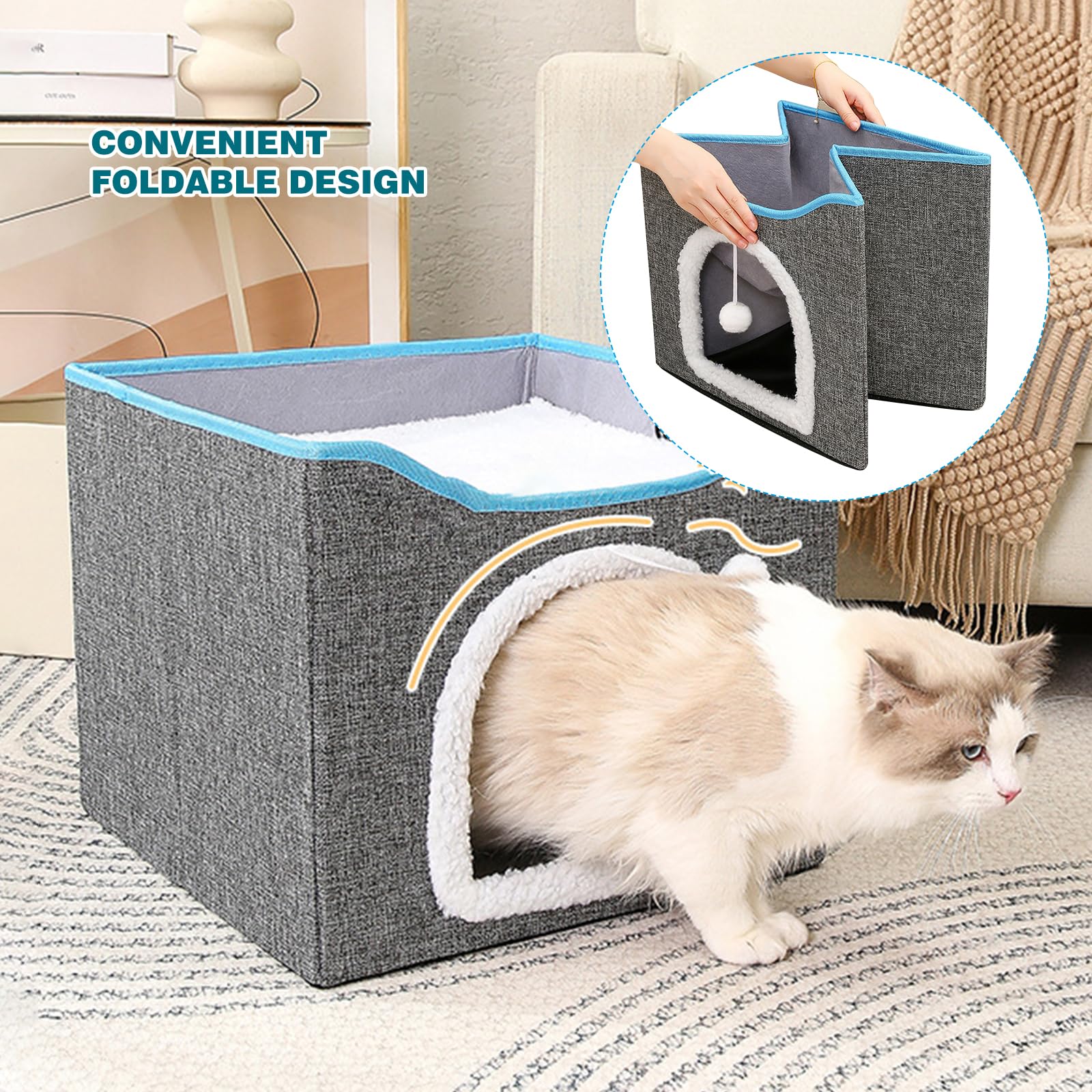 PETCUTE Cuccia Pieghevole per Gatti,Cuccia Gatto Chiusa Interno con Pannello Tiragraffi e Pallina,Casetta per Gatti con Cuscino Rimovibile e Lavabile,Cuccia per Gatti e Cani di Piccola Taglia