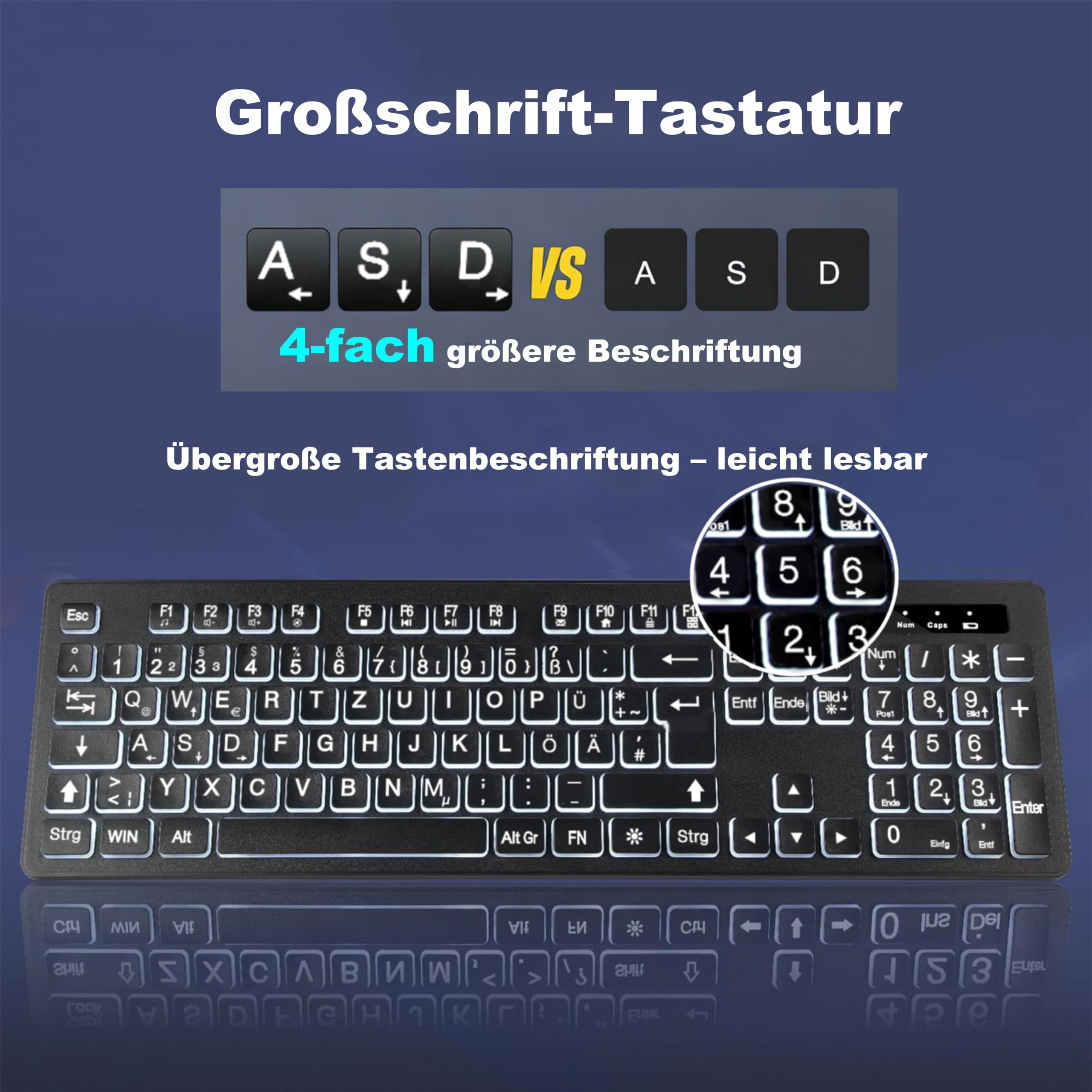 Großschrift Kabellose Computertastatur & Maus Set – DE Vollformat-Tastatur mit weißer Hintergrundbeleuchtung, 2,4-GHz, wiederaufladbar Tastatur & Maus für Büro, Homeoffice & Windows PC (QWERTZ)