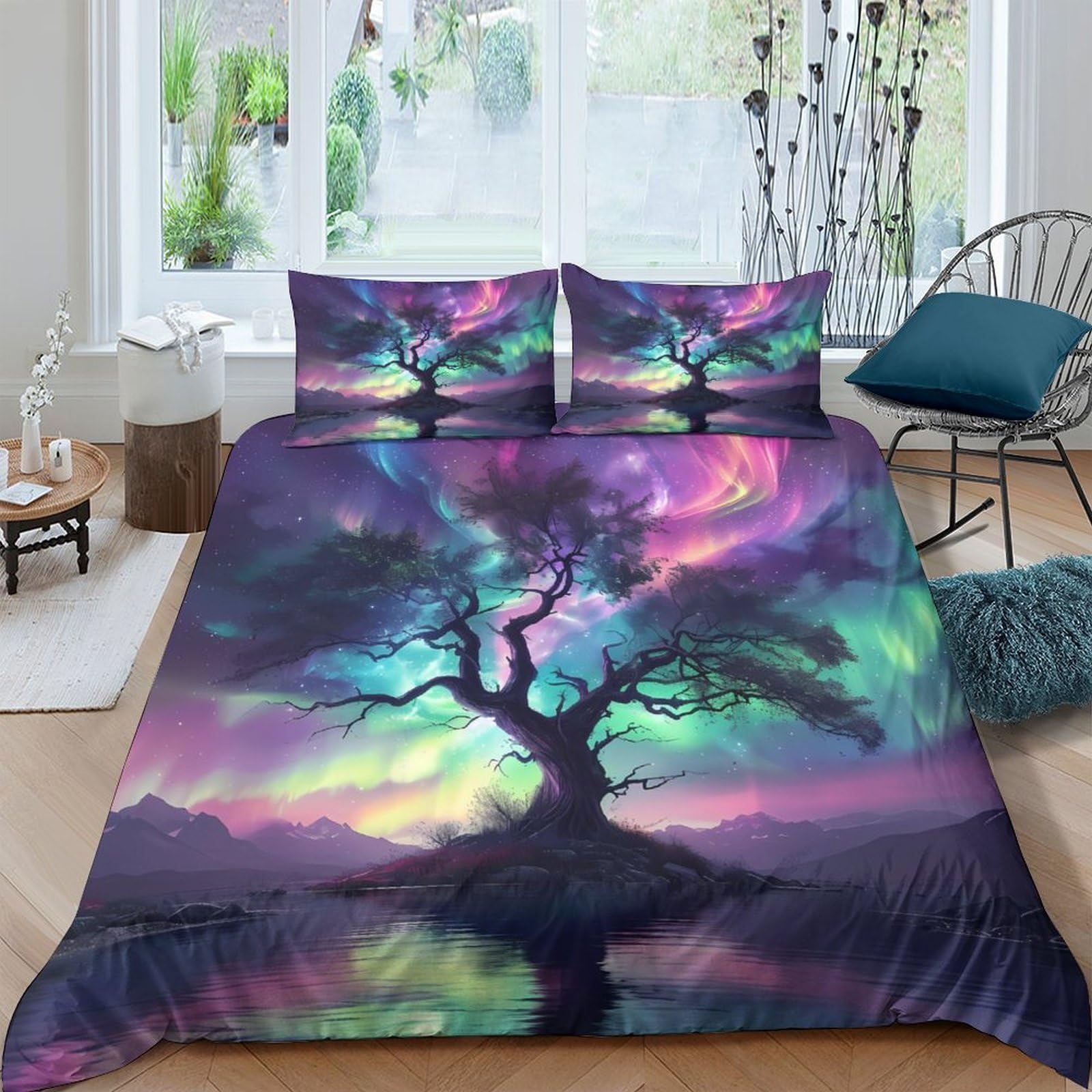 Ctjqhvkz Style-6 3D Printed Aurora Tree Fitted Sheet Microfiber Soft Gradient Night Forest Mattress Cover For Bedroom Dorm Easy Care Single（135X200cm）