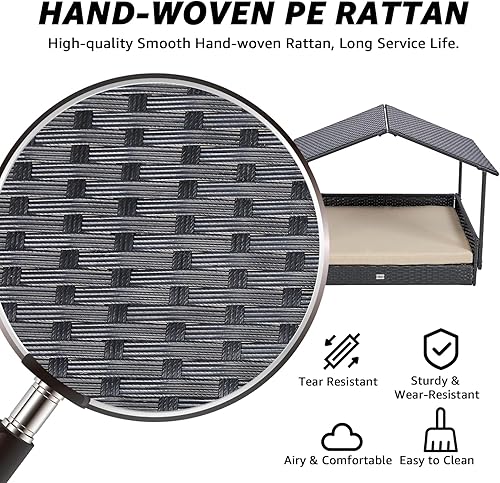 Miniatura 3 de NATURAL EXPRESSIONS Casa de perro de mimbre 2 en 1, cama elevada para perros para interiores y exteriores con toldo extraíble, casa grande para