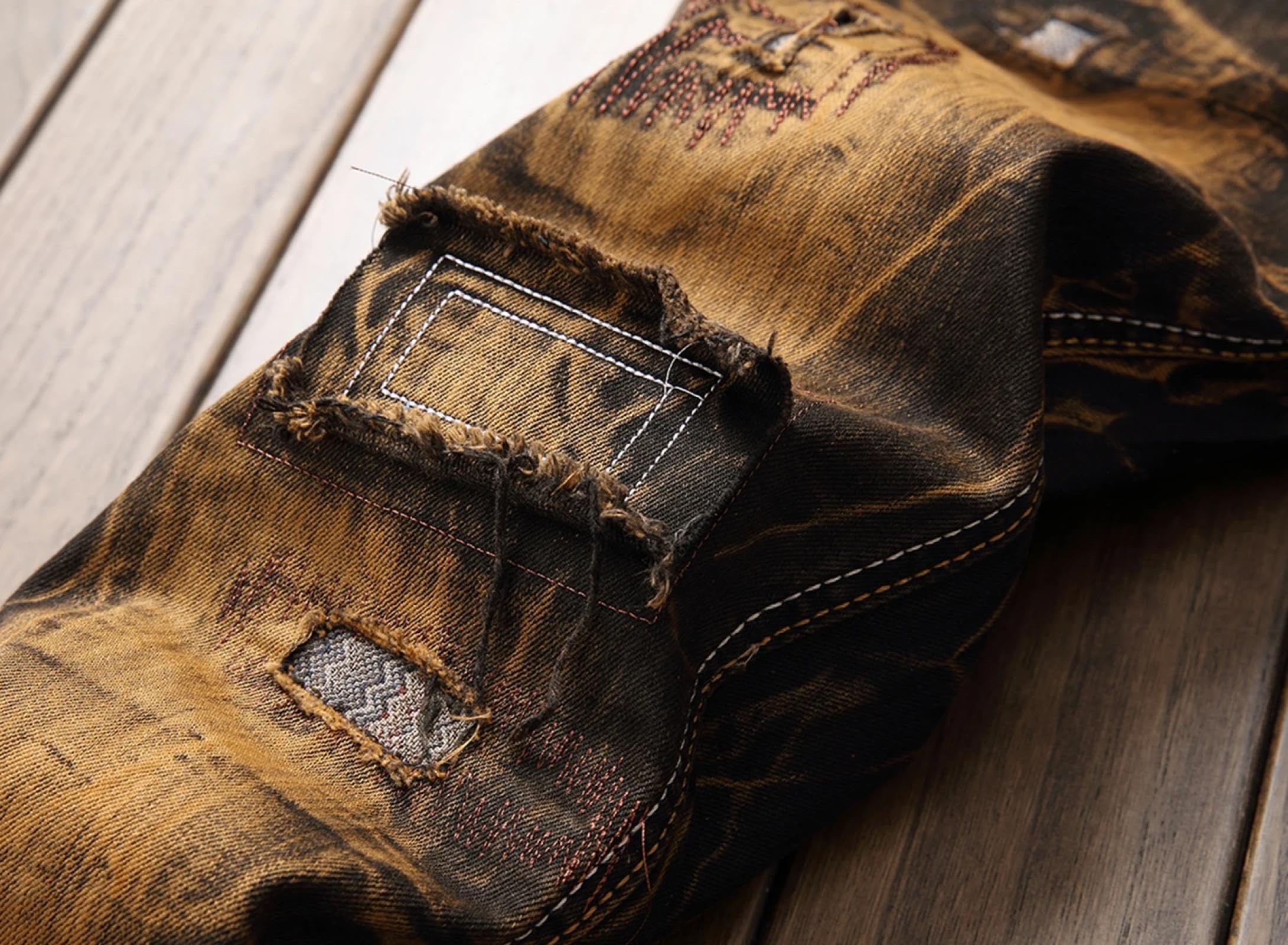 Jeans Pantalon Herren-Patchwork-Jeans Streetwear Geradbein-Slim-Fit Vintage-Distressed Motorrad-Denim-Hosen Männer