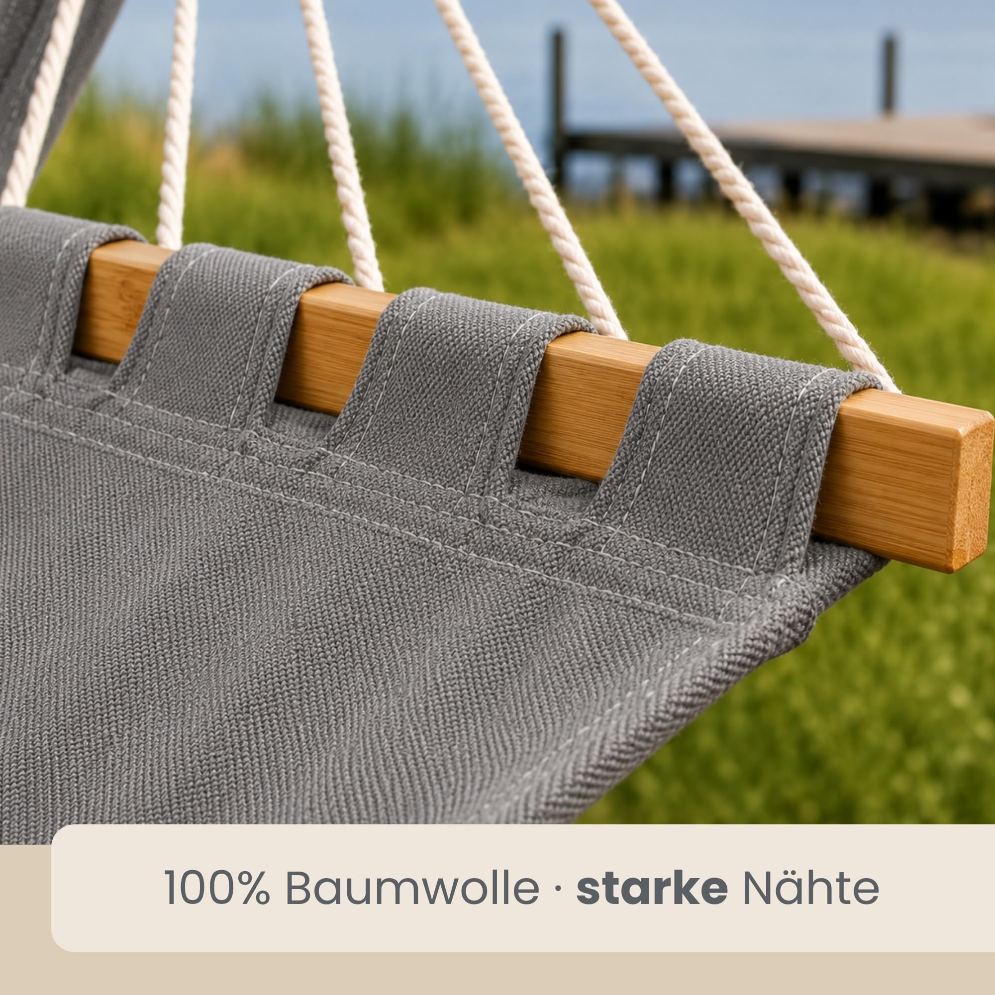 AMANKA XXL Hängematte mit Gestell 325 cm – stabiles Outdoor Hängemattengestell aus Holz mit Grauer Stabhängematte für Zwei Personen – entspanntes Hängemattenset für Garten Balkon oder Terrasse