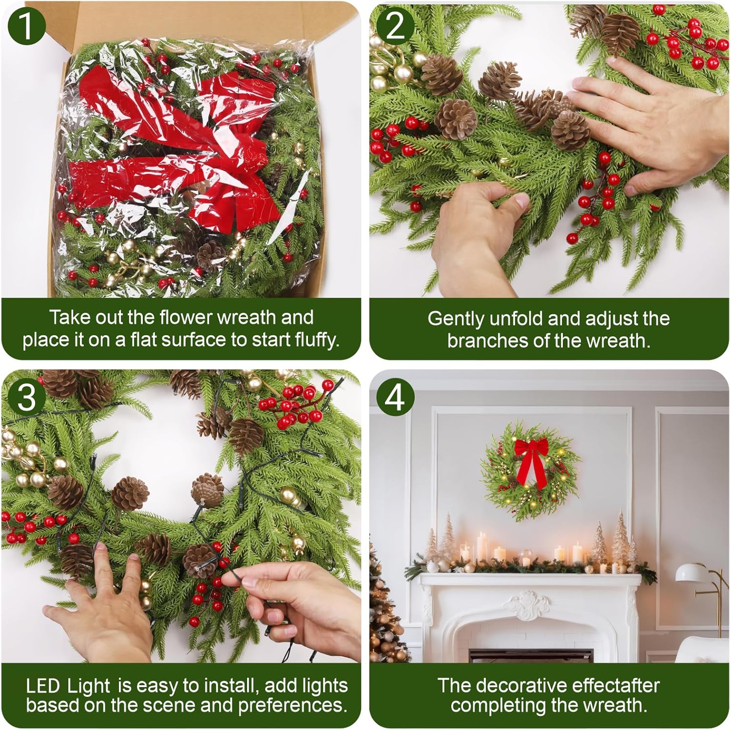 26" Norfolk Pine Wreath, Christmas Wreath for Front Door, Winter Large Greenery Wreath with Lights, Red Bow, Cones, Berries, Real Touch Artificial Wreaths for Indoor Outdoor Decor, FF10 - Image 5