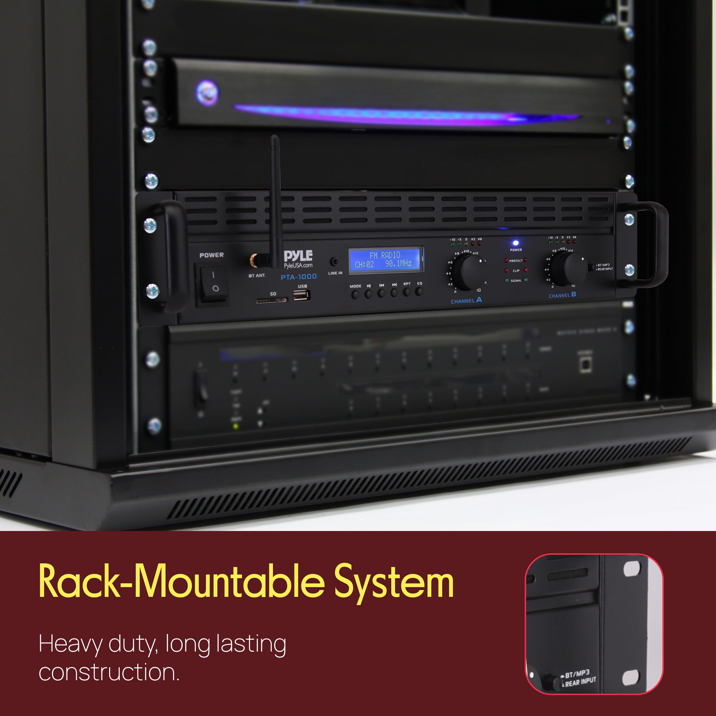 Pyle 2-Channel Rack Mount Power Amplifier with Bluetooth - 2000W Bridgeable with TRS XLR Input, Speakon Outputs, USB-A Input with MP3 Player, Bridge Mode, Cooling Fan, LED Level Meters - PTA1000BT — Amazon image 5