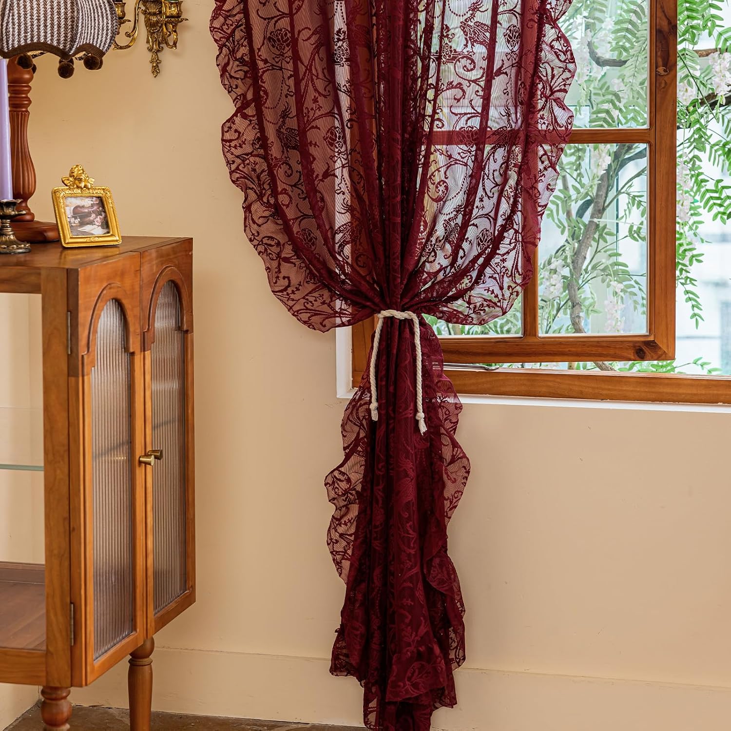 TUDECO Wine Red Kitchen Curtains 54 Inch Length - Pretty Sheer Flower Lace Short Curtains for Bathroom Garage, Ruffled Light Filtering Rod Pocket Burgundy Drapes for Small Window, 59 x 54 Inch
