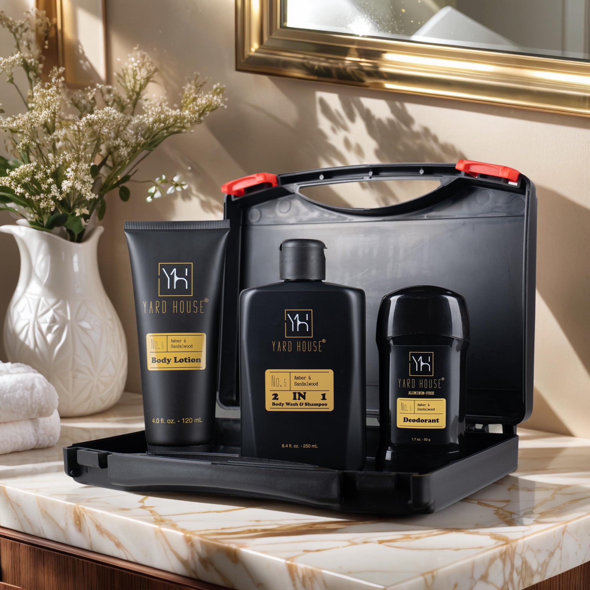Yard House Mens Bath Body Gift Set, Sandalwood Amber, 4-Pcs Grooming Kit with Body Wash, Body Lotion, Deodorant, Travel Toolbox Case - Fathers Day Gifts For Father, Birthday Christmas Gift Ideas