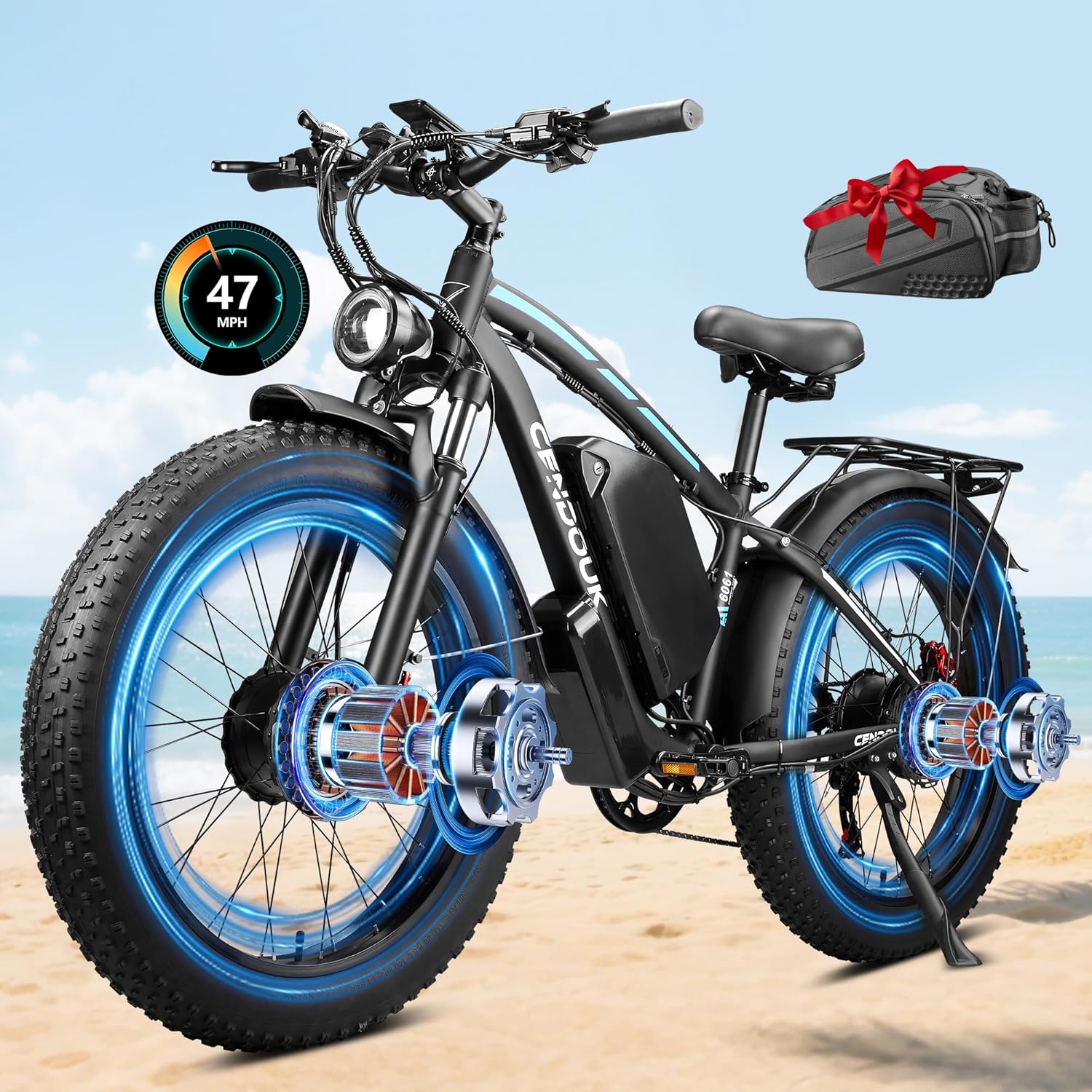 Peak 6000W Dual Motor Ebike,52V 34AH Battery Electric Bike for Adults Fast 47MPH 100 Miles Range with Rear Bag 24Inch Fat Tire Commuter Electric Bicycle for All Terrain UL Certified