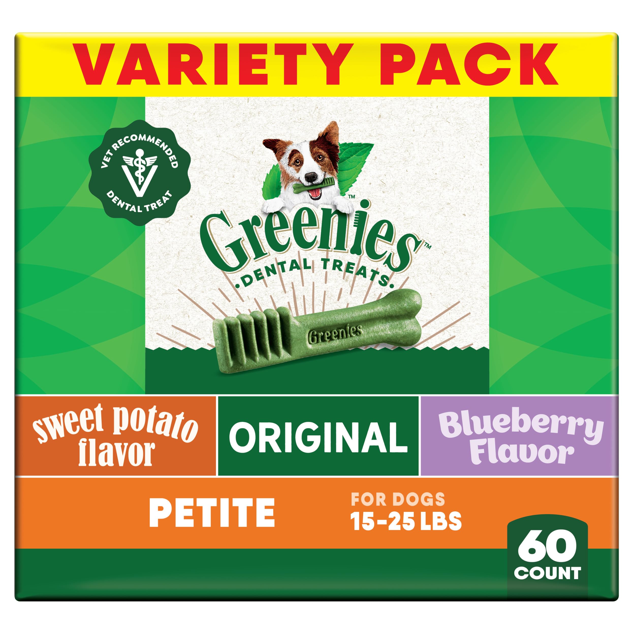 Greenies Veterinarian-Recommended Adult Natural Dental Dog Treats Petite Size, Fresh Flavor, Original Flavor, and Blueberry Flavor, (3) 12 oz. Packs, 60 Count