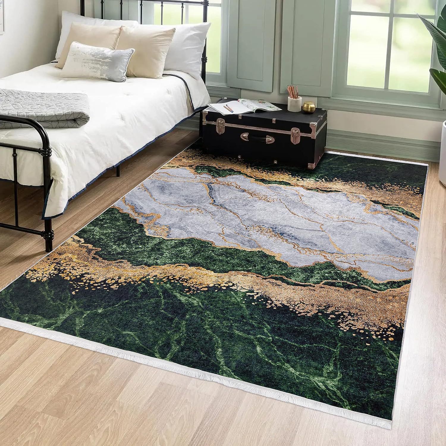 Mazovia Groß Teppich Wohnzimmer 160x230cm Grün Gold Abstrakt Glamour