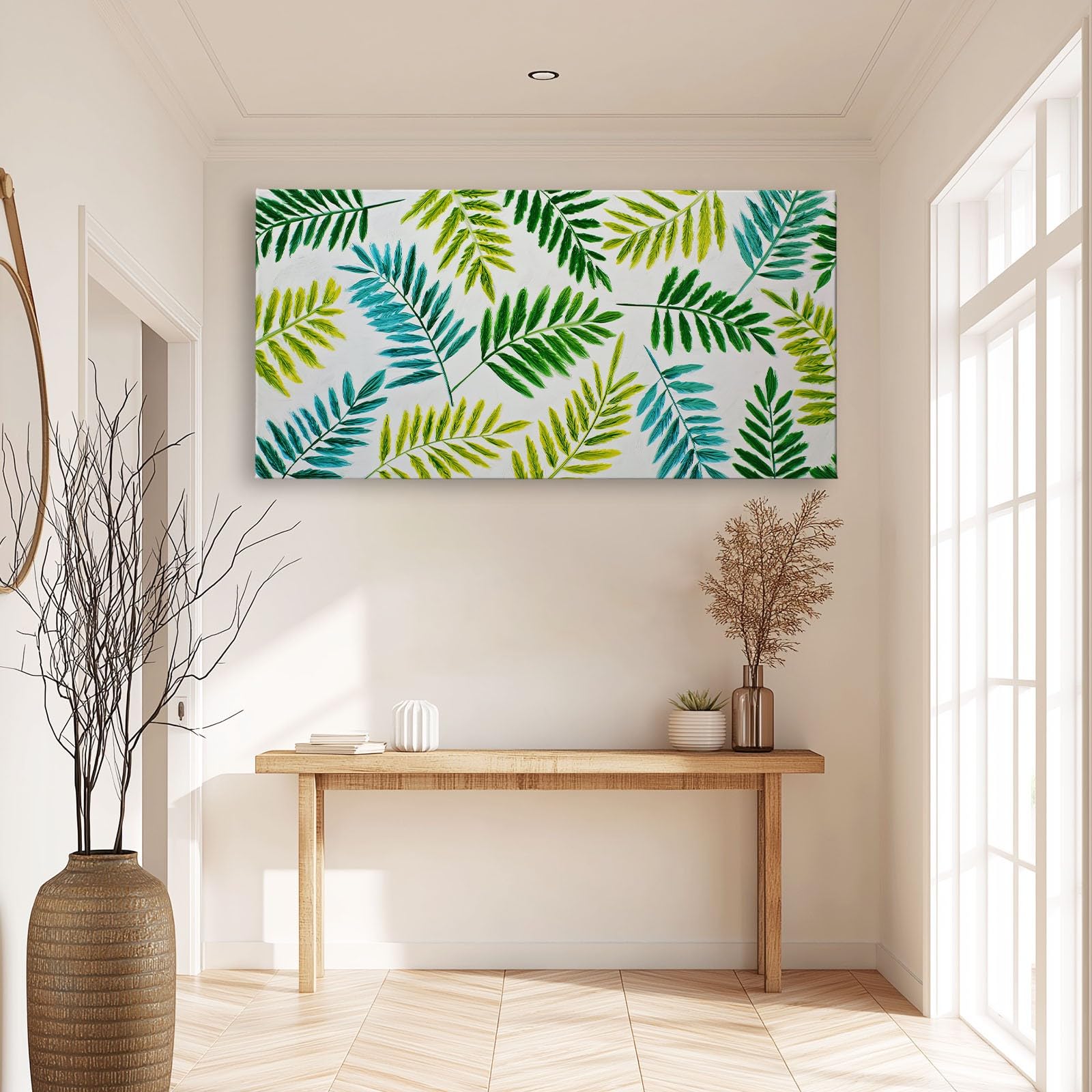 Generisch Salbeigrün Landhausstil Botanisch Farn Modernes Leinwandbild 140L x 70B cm mit Rahmen, Landhausstil XXL Wanddeko für Wohnzimmer Geschenk Idee Einzug - Hochwertiger Kunstdruck auf Holzrahmen
