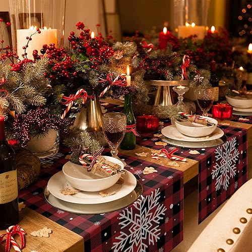 Miniatura 3 de Camino de mesa de Navidad, diseño de copos de nieve a cuadros de búfalo rojo y negro, algodón y lino, bufanda de cena de invierno, bufandas largas