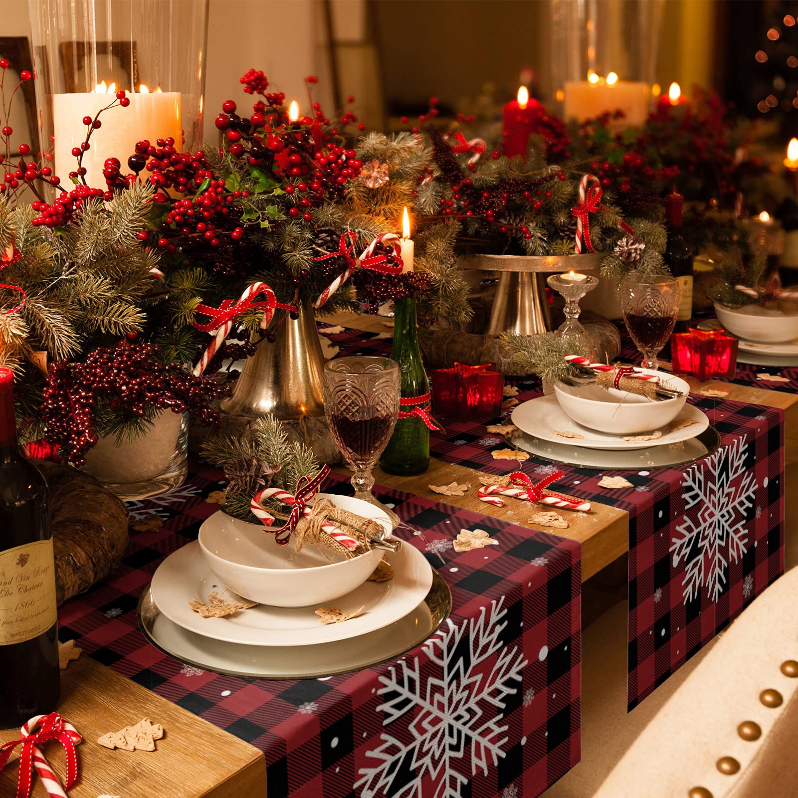 Chemin De Table De Noël 91x33cm - Tissu Coton Et Lin Motif Carreaux Rouge Et Noir Flocons - Déco Table Ferme Rustique Pour Dîner Hiver