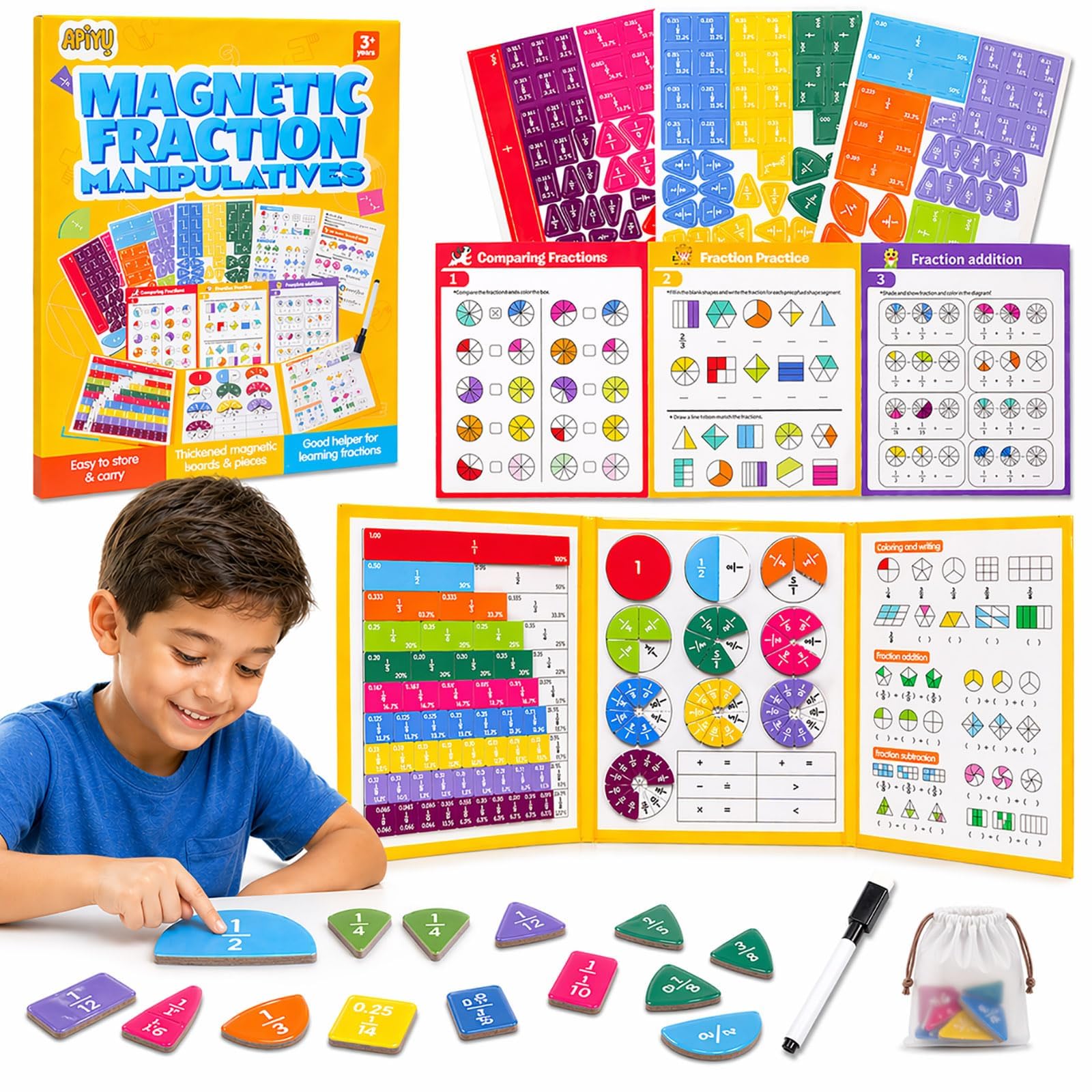Magnetic Fraction Book, Montessori Fraction Math Manipulatives for Kids