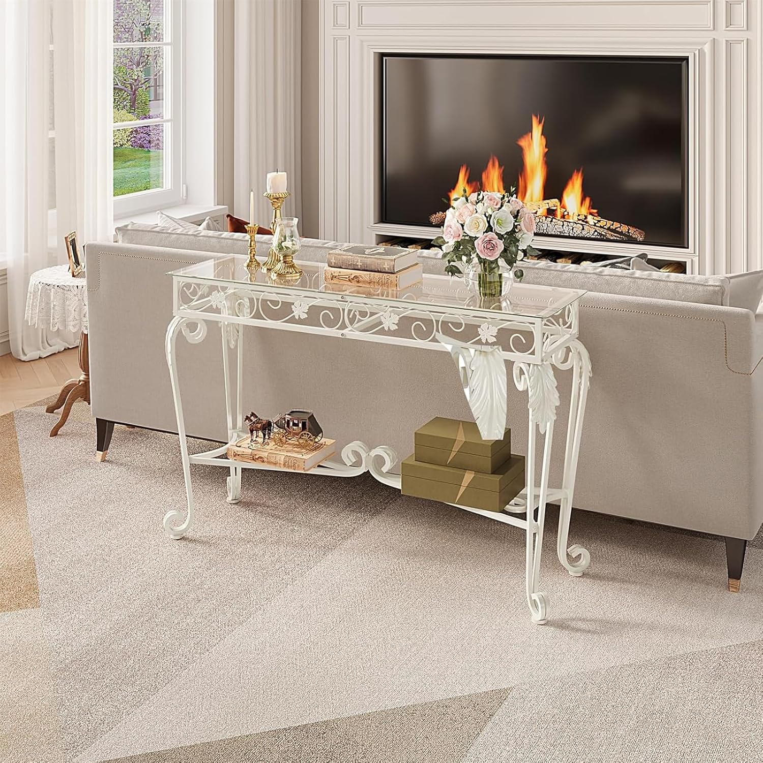 HavenlyYouth Console Table 47.2", Tempered Glass Sofa Table with Metal Frame, Console Tables for Living Room, Entryway, Hallway, Foyer, Adjustable Feet (White)