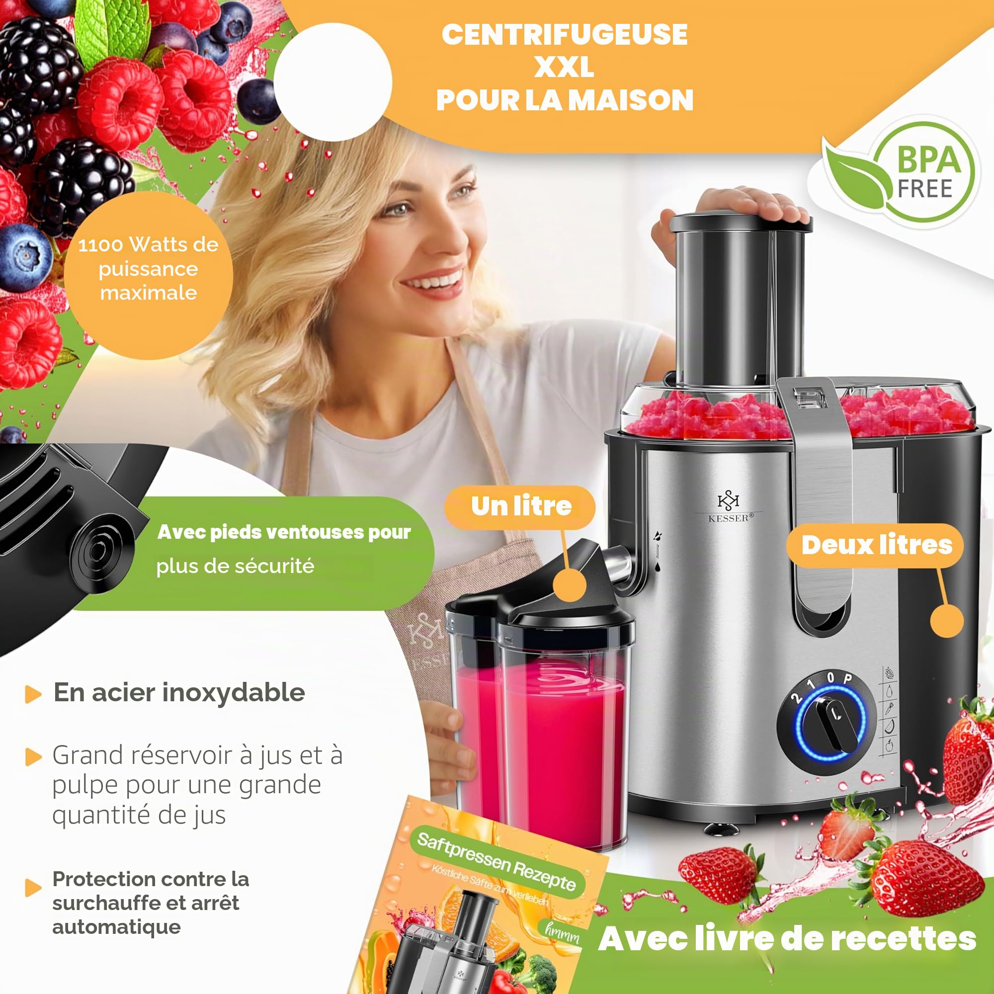 KESSER - Centrifugeuse en Inox Fruits et légumes 1100W, Extracteur de jus, Capacité 1L, Ouverture 85mm