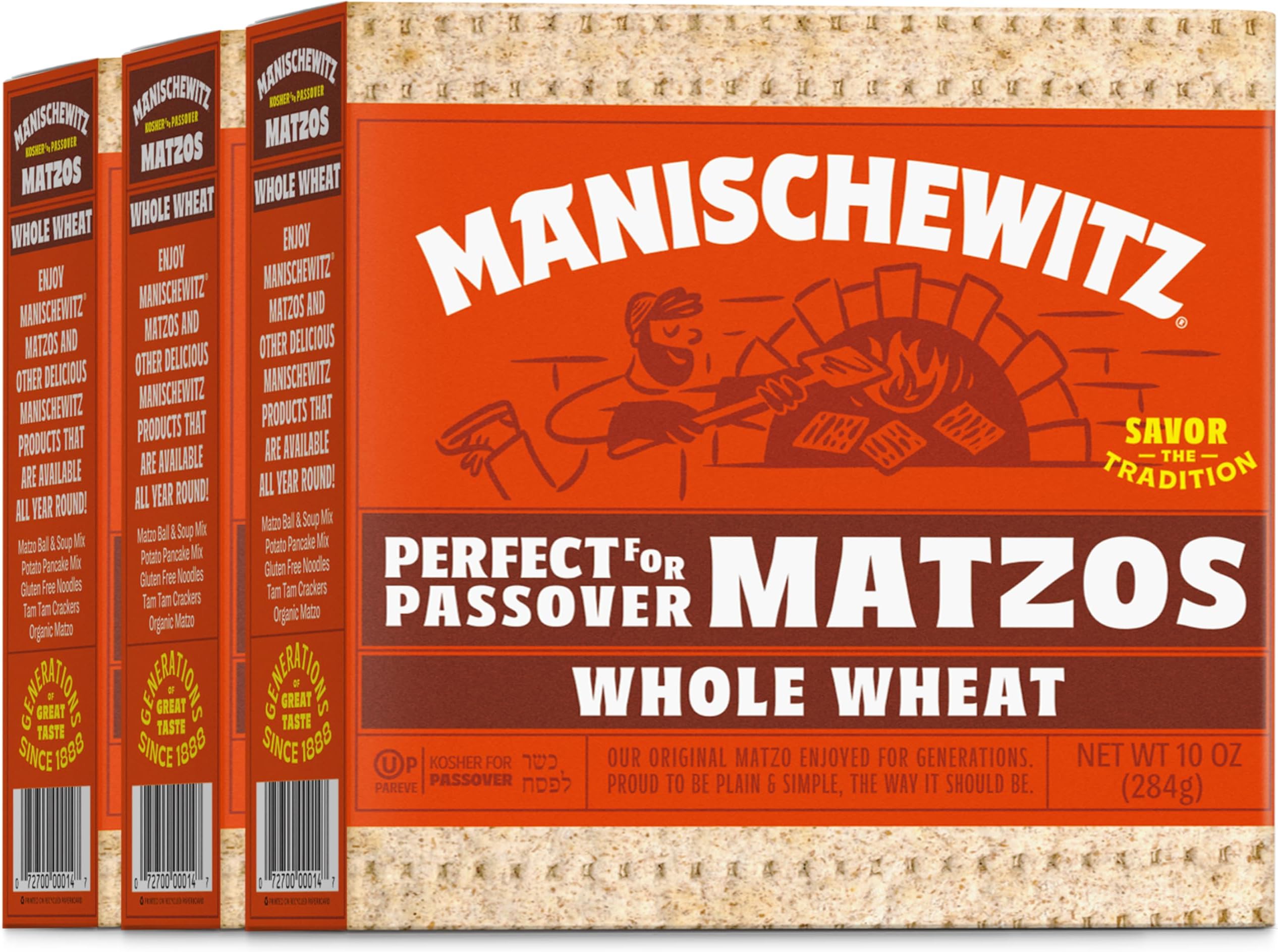 Manischewitz Passover Whole Wheat Matzo 10 oz (3 Pack) Thin, Crisp & Delicious, Just 2 Ingredients!